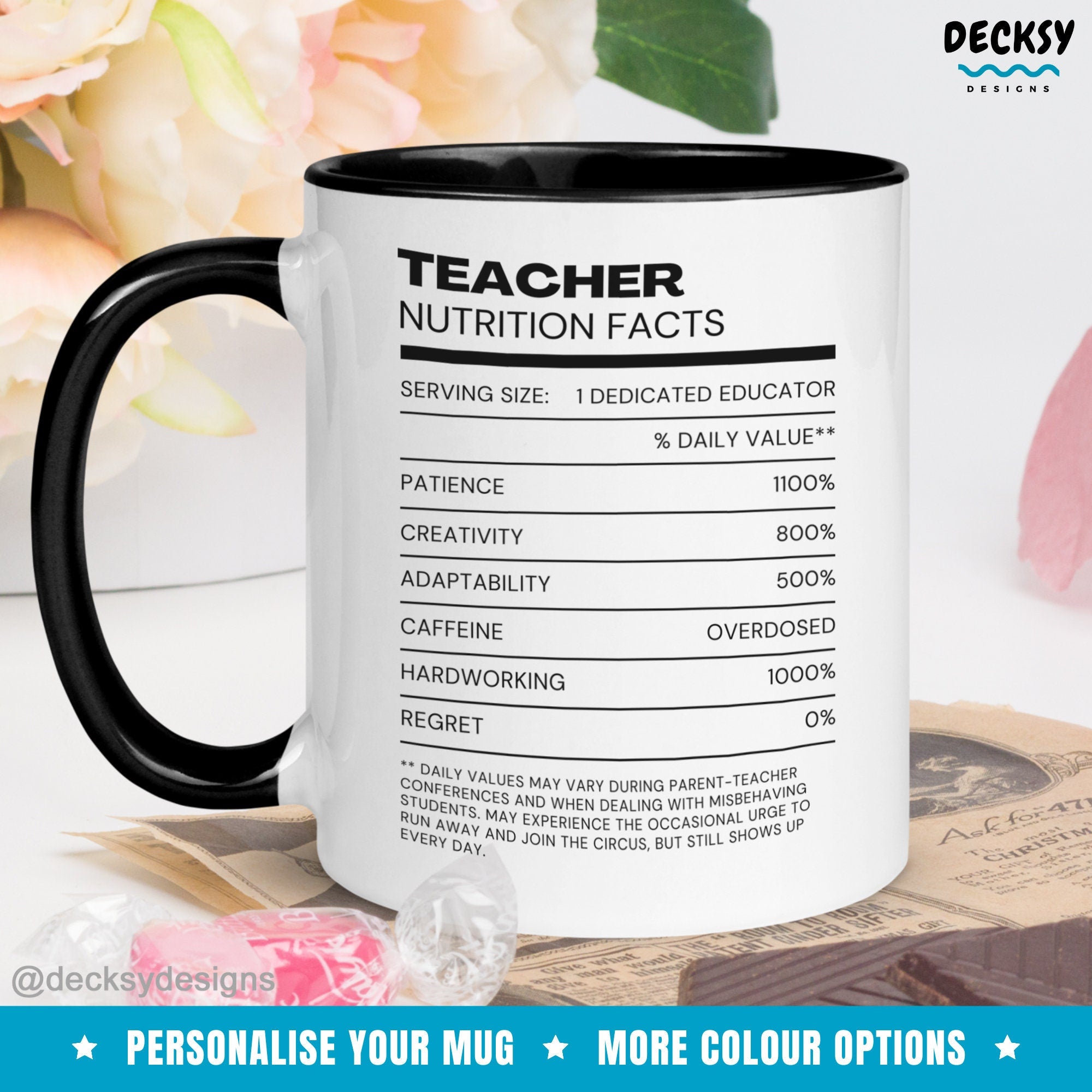Teacher Nutrition Facts Coffee Mug, Personalised Gift For Teacher, School Teaching Assistant Gift, Daycare Educator Mug, Teacher Birthday Mugs by DecksyDesigns