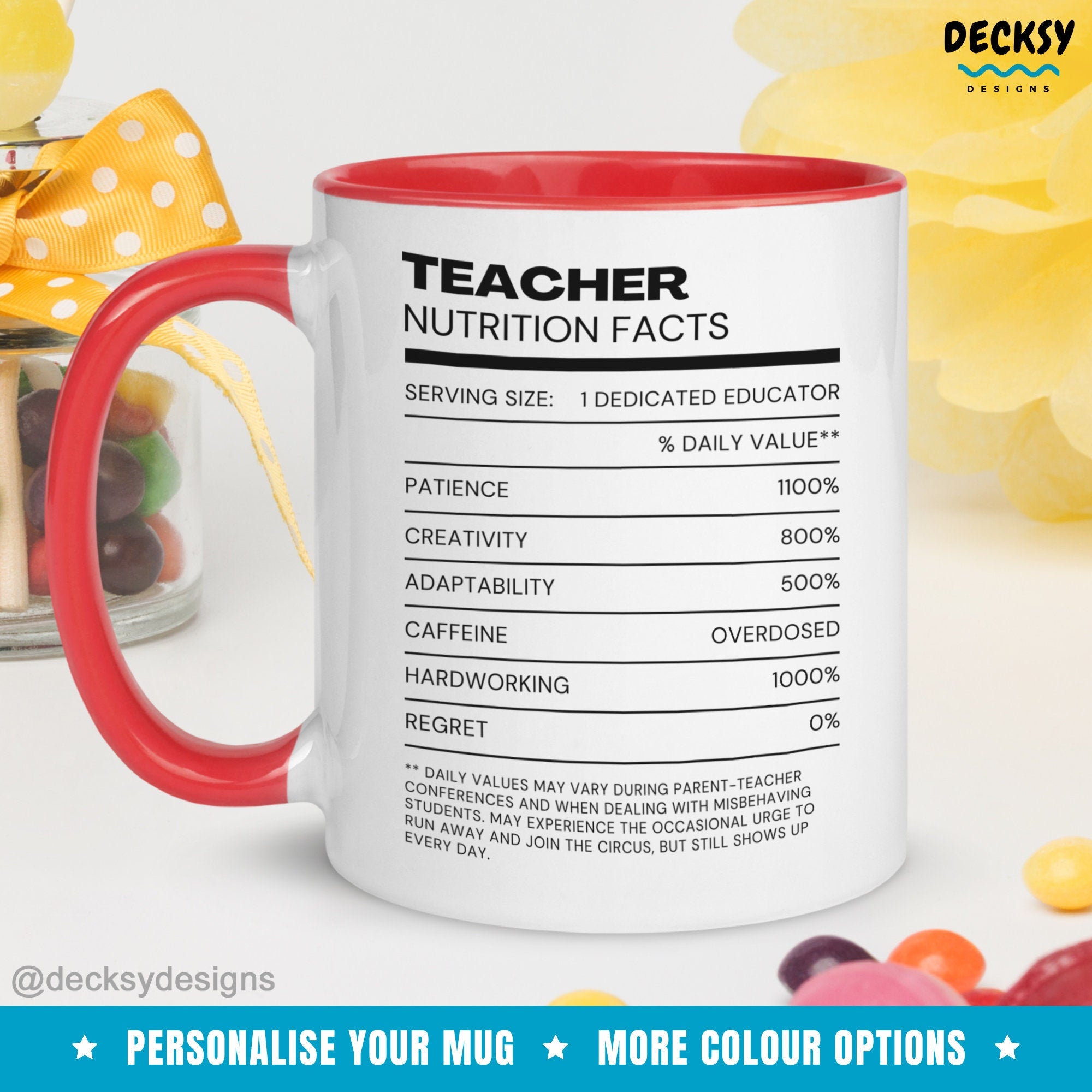 Teacher Nutrition Facts Coffee Mug, Personalised Gift For Teacher, School Teaching Assistant Gift, Daycare Educator Mug, Teacher Birthday Mugs by DecksyDesigns
