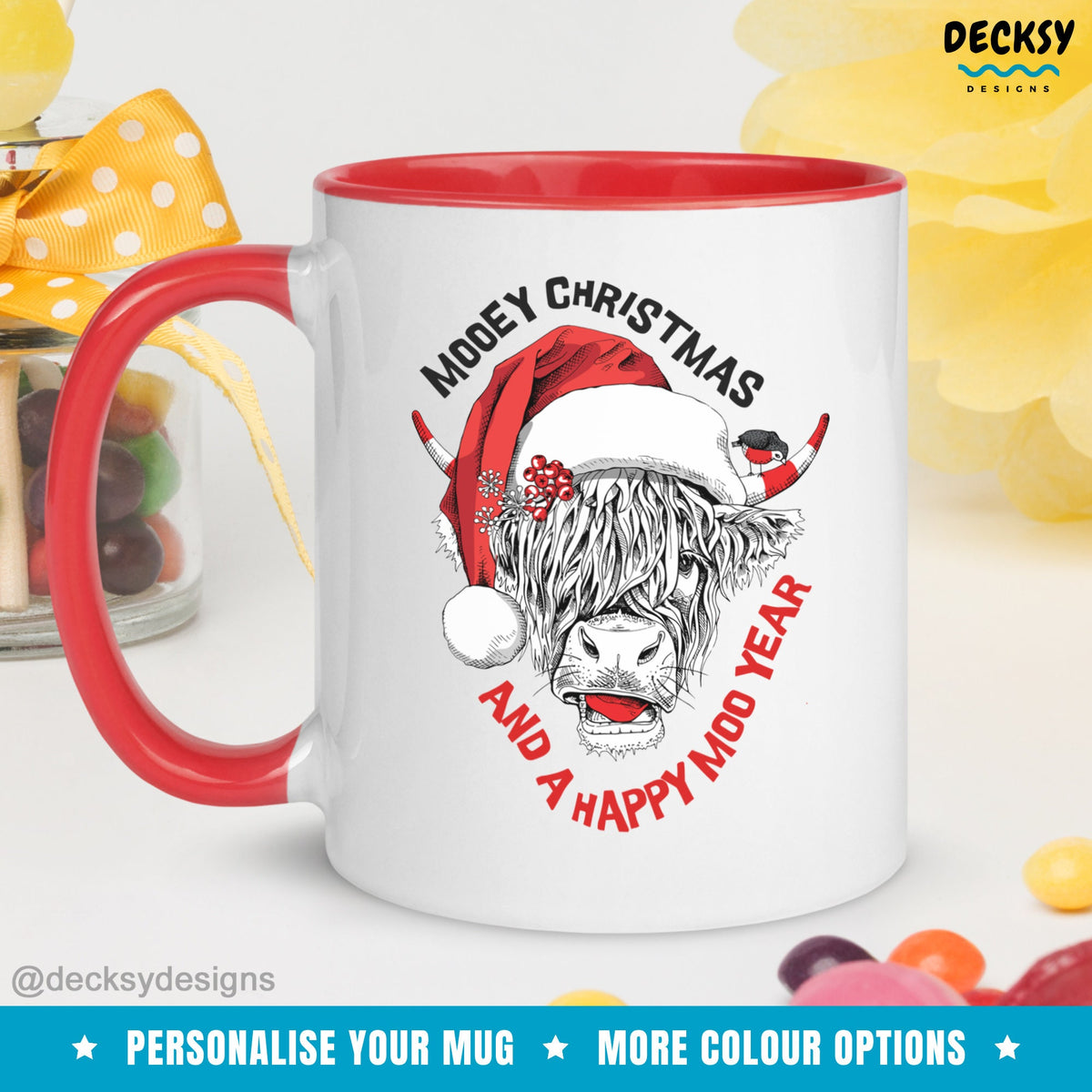 Christmas Cow Mug, Highland Cow Lover Gift, Mooey Christmas Holiday Cup, Cute Custom Santa Cow Mug, Scottish Cow Mug, Personalised Xmas Gift Mugs by DecksyDesigns