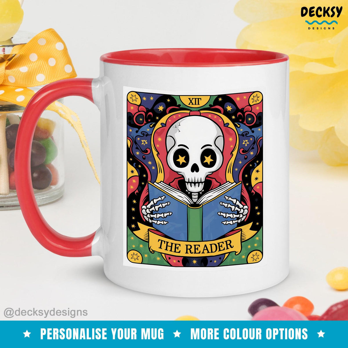Skeleton Reading Mug, Bookish Gift For Her, Reading Skull Mug, Gift For Book Lover, Book Club Gifts, Bookworm Mug, The Reader Tarot Cup Mugs by DecksyDesigns