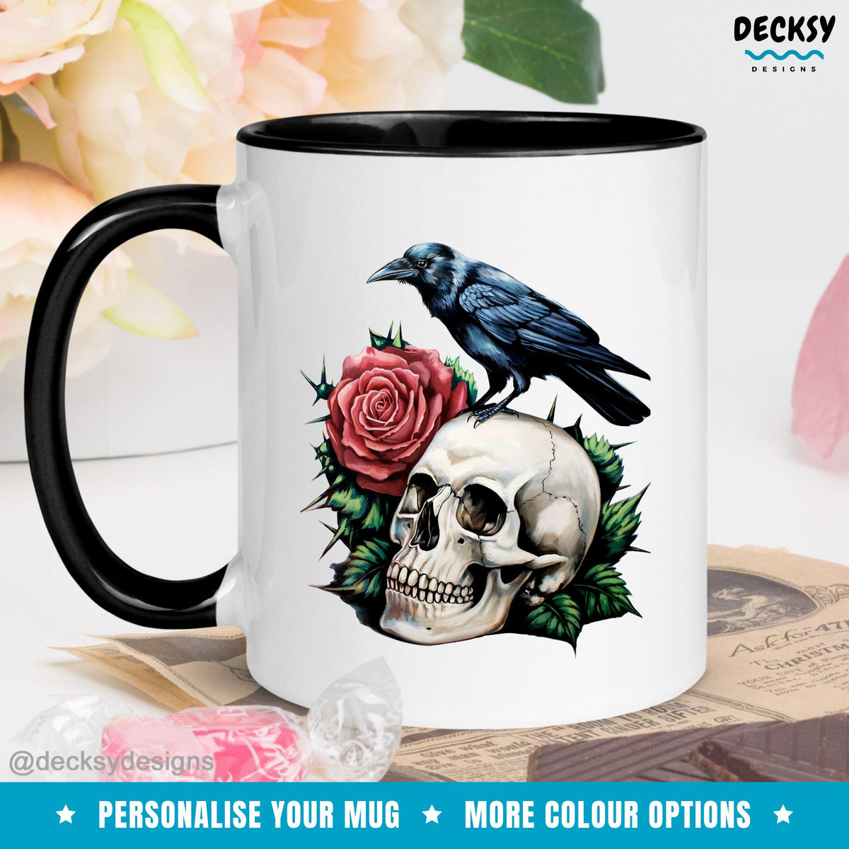 Black Crow Mug, Whimsigoth Gift, Floral Skull Mug, Custom Goth Mug, Crowcore Roses Mug, Personalized Gothic Mug, Raven Crow Bird Lover Gift Mugs by DecksyDesigns
