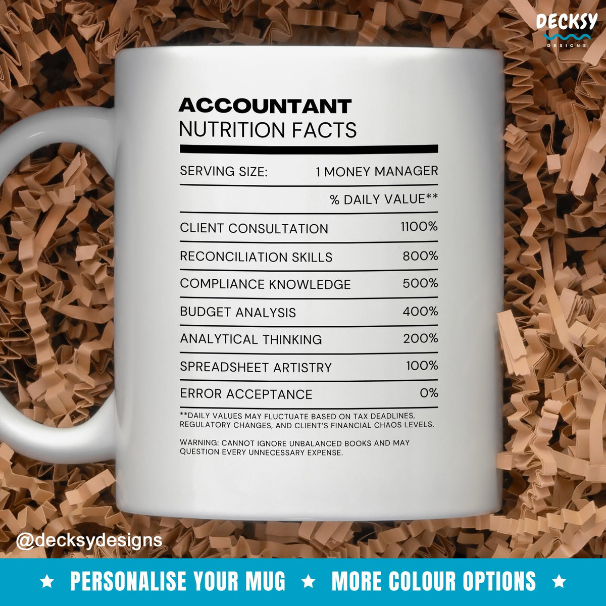 Accountant Mug, Custom Gift For Accountant, Cpa Nutrition Fact Mug, Tax Accountant Mug, Funny Office Mug, Bookkeeper Mug, Finance Consultant Mugs by DecksyDesigns