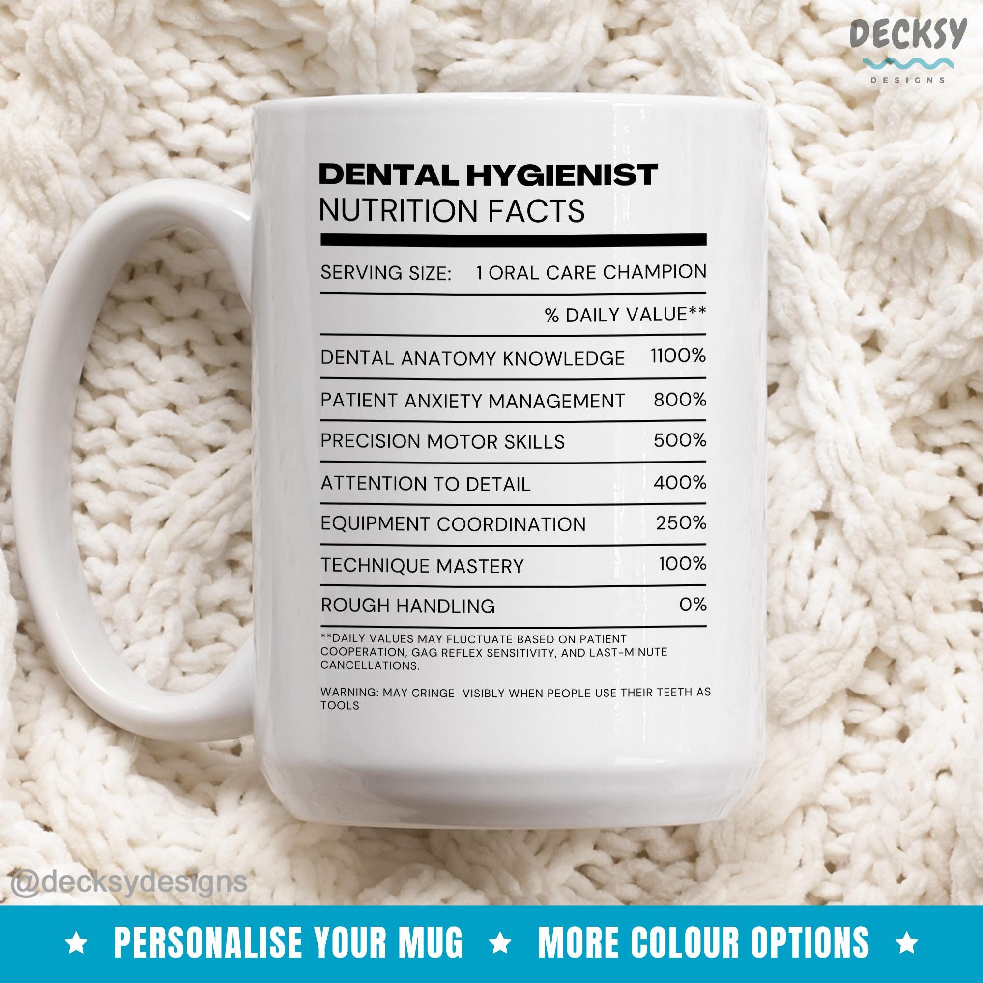 Dental Hygienist Mug, Custom Dentist Graduation Nutrition Facts Gift, Dental Assistant Cup, Dental Hygiene Gifts, Orthodontist Office Cup Mugs by DecksyDesigns