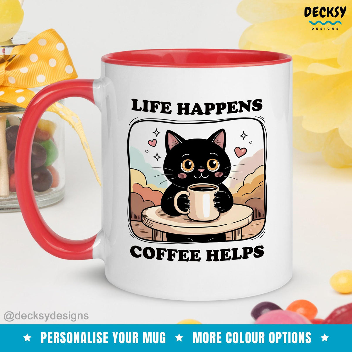 Life Happens Coffee Helps Mug, Custom Cat Mug Mugs by DecksyDesigns
