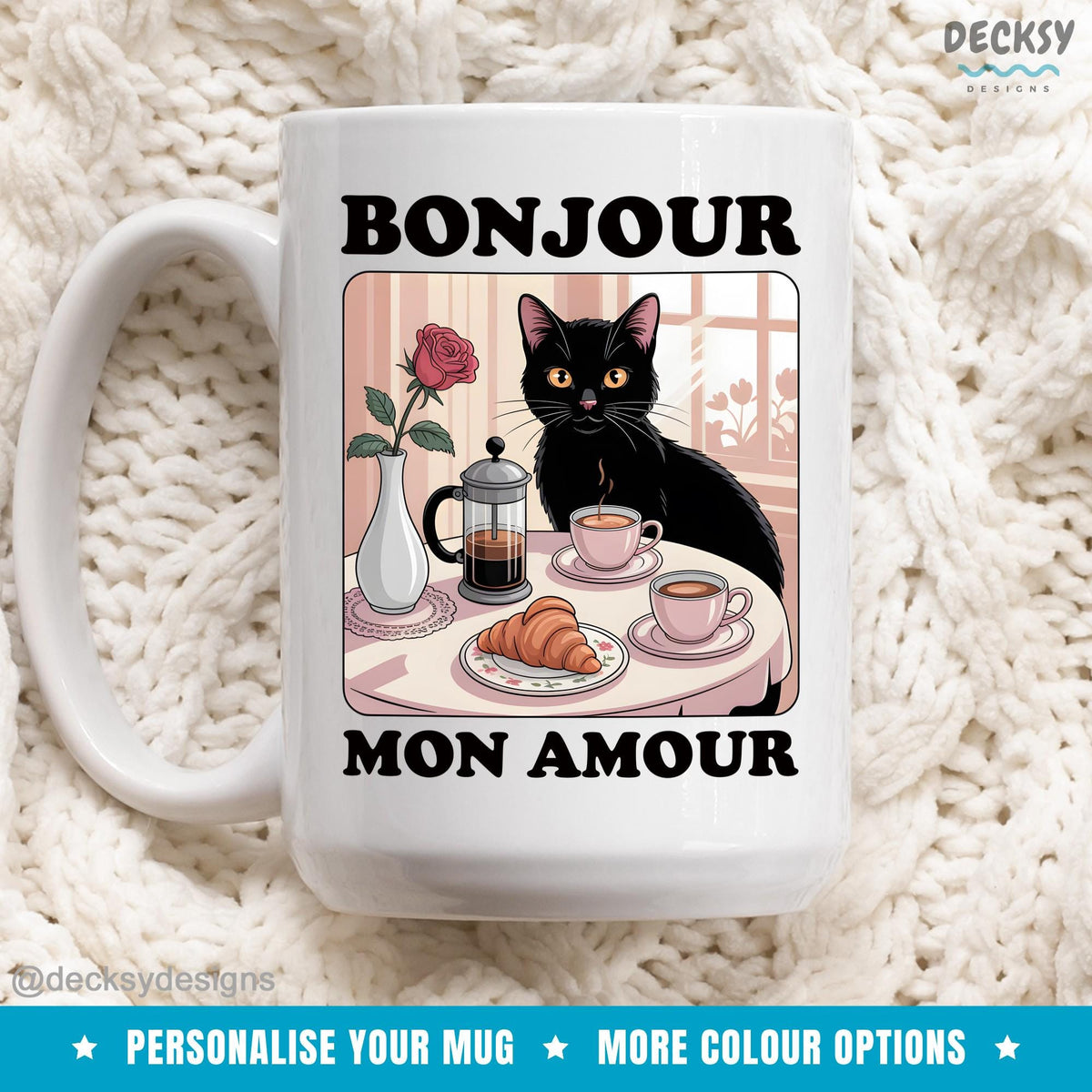 French Quote Mug, Gift France Lovers, Croissant Cafe Black Cat Mug, Custom Name Mug, Personalised Mug, Romantic Paris Mug, Bonjour Mon Amour Mugs by DecksyDesigns