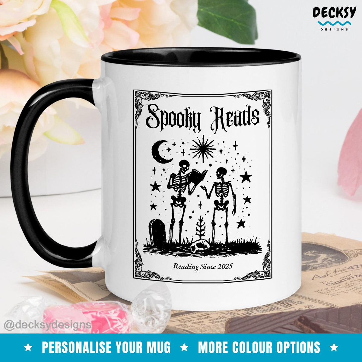 Spooky Reads Ghost Library Coffee Mug - Custom Book Lover Gift Mugs by DecksyDesigns