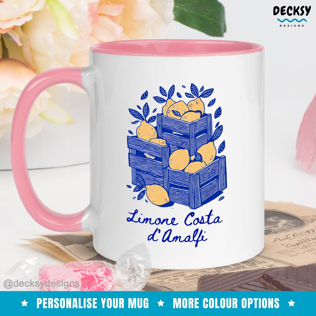 Personalized Amalfi Lemon Mug: Italian Positano Decor, Custom Tea Gift Mugs by DecksyDesigns