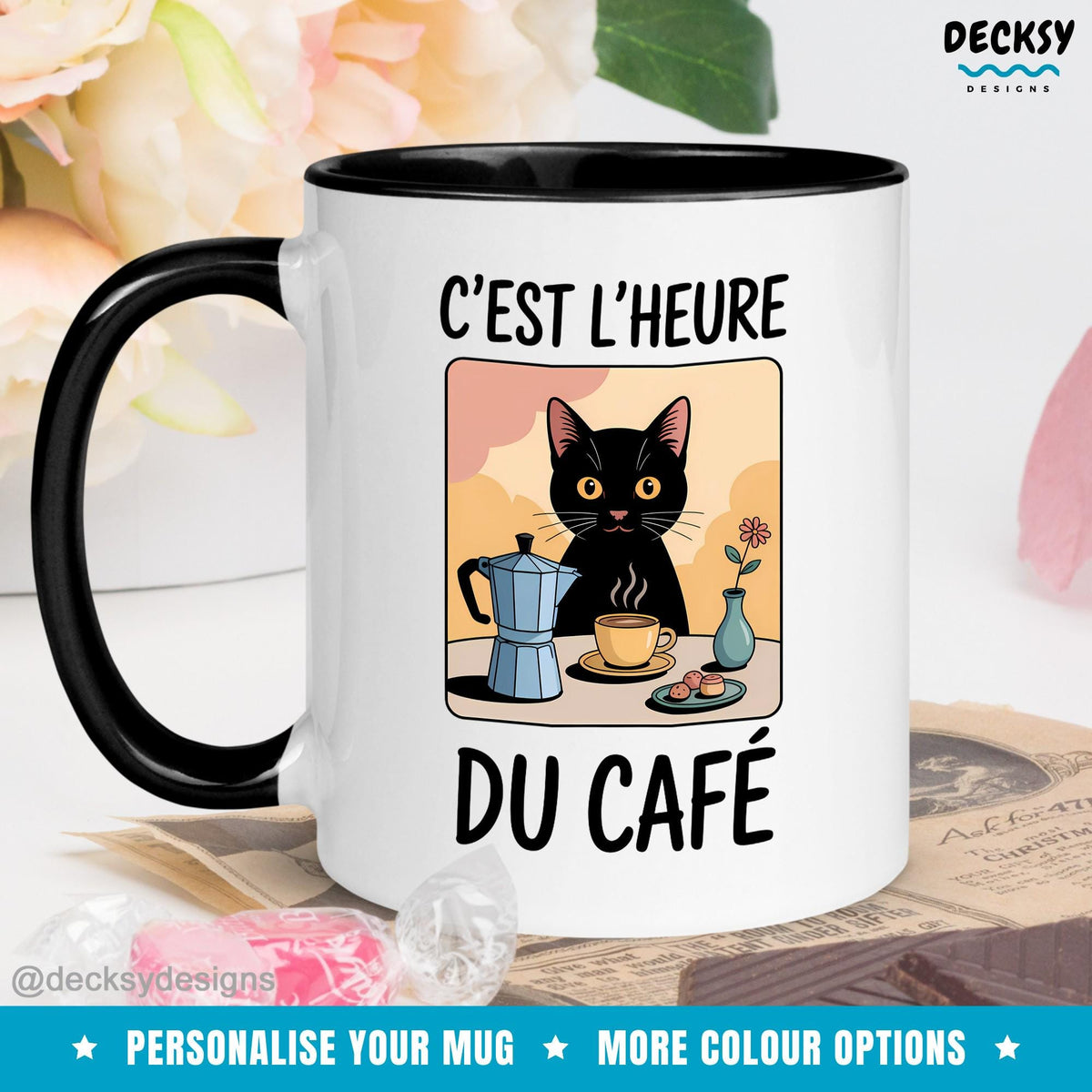 Gift For Cat & Coffee Lovers, Black Cat Owner Gift, French Teacher Gift Parisian Cats Mug Croissant Cafe Mug, Custom Funny Cat Gifts For Her Mugs by DecksyDesigns
