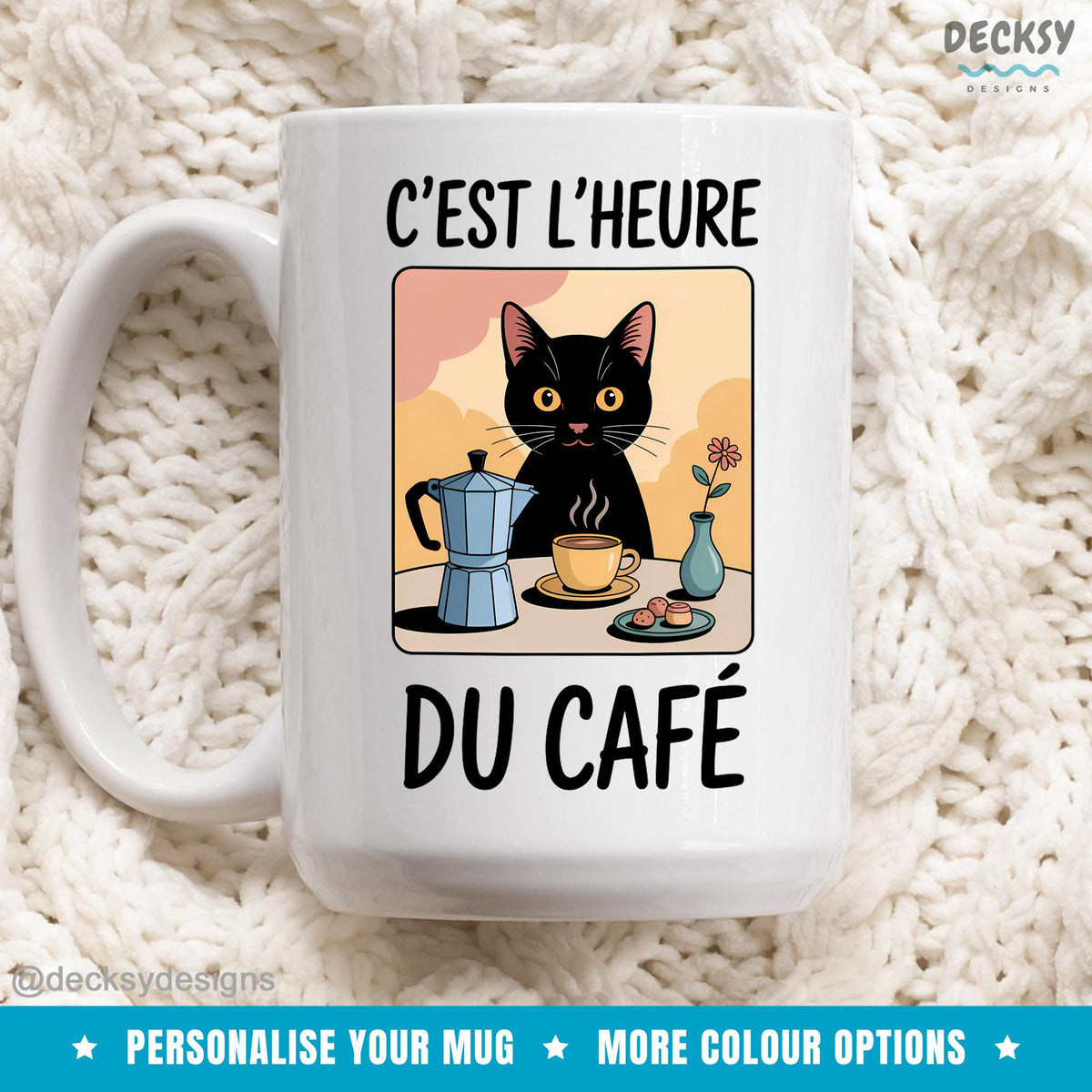 Gift For Cat & Coffee Lovers, Black Cat Owner Gift, French Teacher Gift Parisian Cats Mug Croissant Cafe Mug, Custom Funny Cat Gifts For Her Mugs by DecksyDesigns