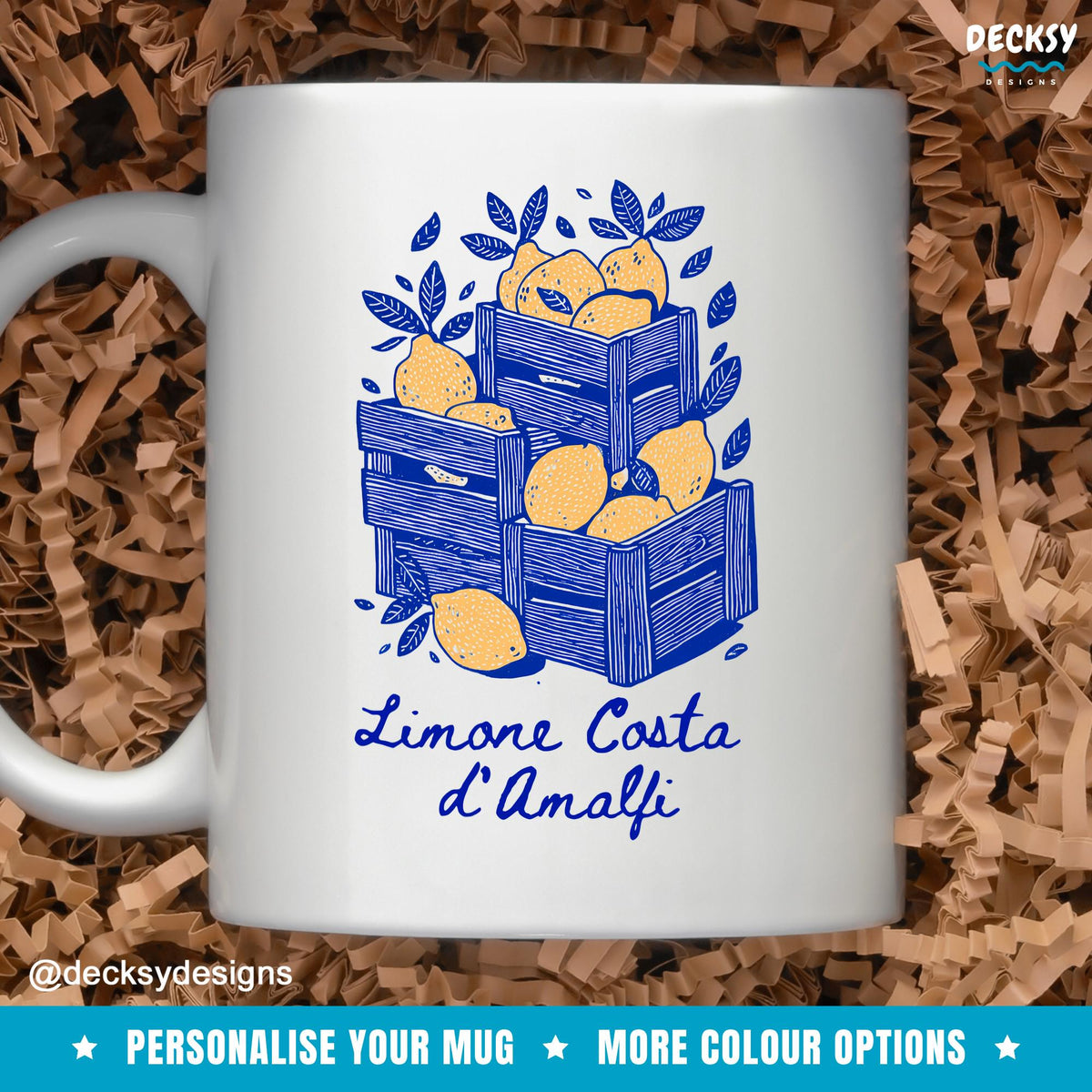 Personalized Amalfi Lemon Mug: Italian Positano Decor, Custom Tea Gift Mugs by DecksyDesigns