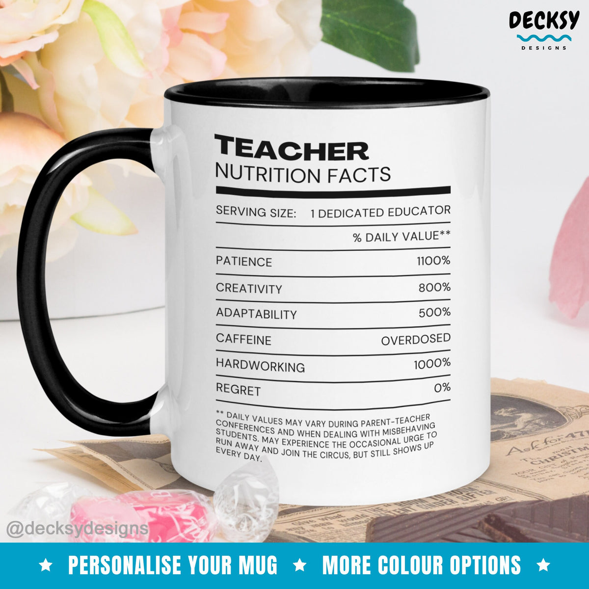 Teacher Nutrition Facts Mug, Custom Gift For Teacher, End Of Term Gift For Educator, Teacher Appreciation Cup, New Teaching Assistant Gift Mugs by DecksyDesigns