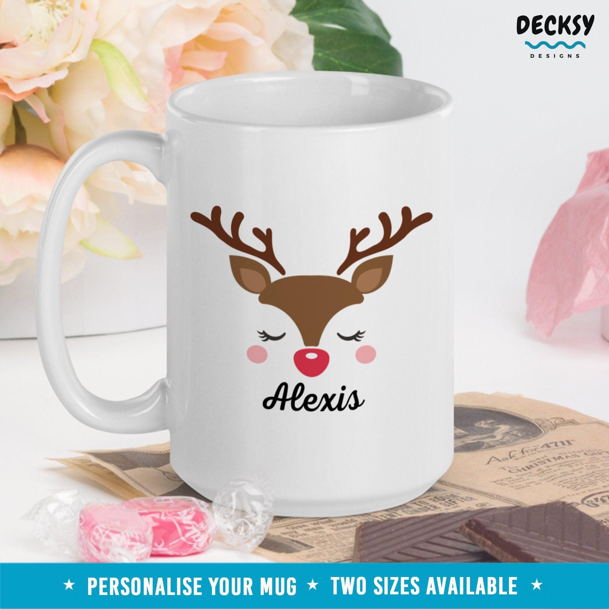 Cute Reindeer Mug, Custom Xmas Gift-Home & Living:Kitchen & Dining:Drink & Barware:Drinkware:Mugs-DecksyDesigns-White Mug 11 oz-Font #1-DecksyDesigns