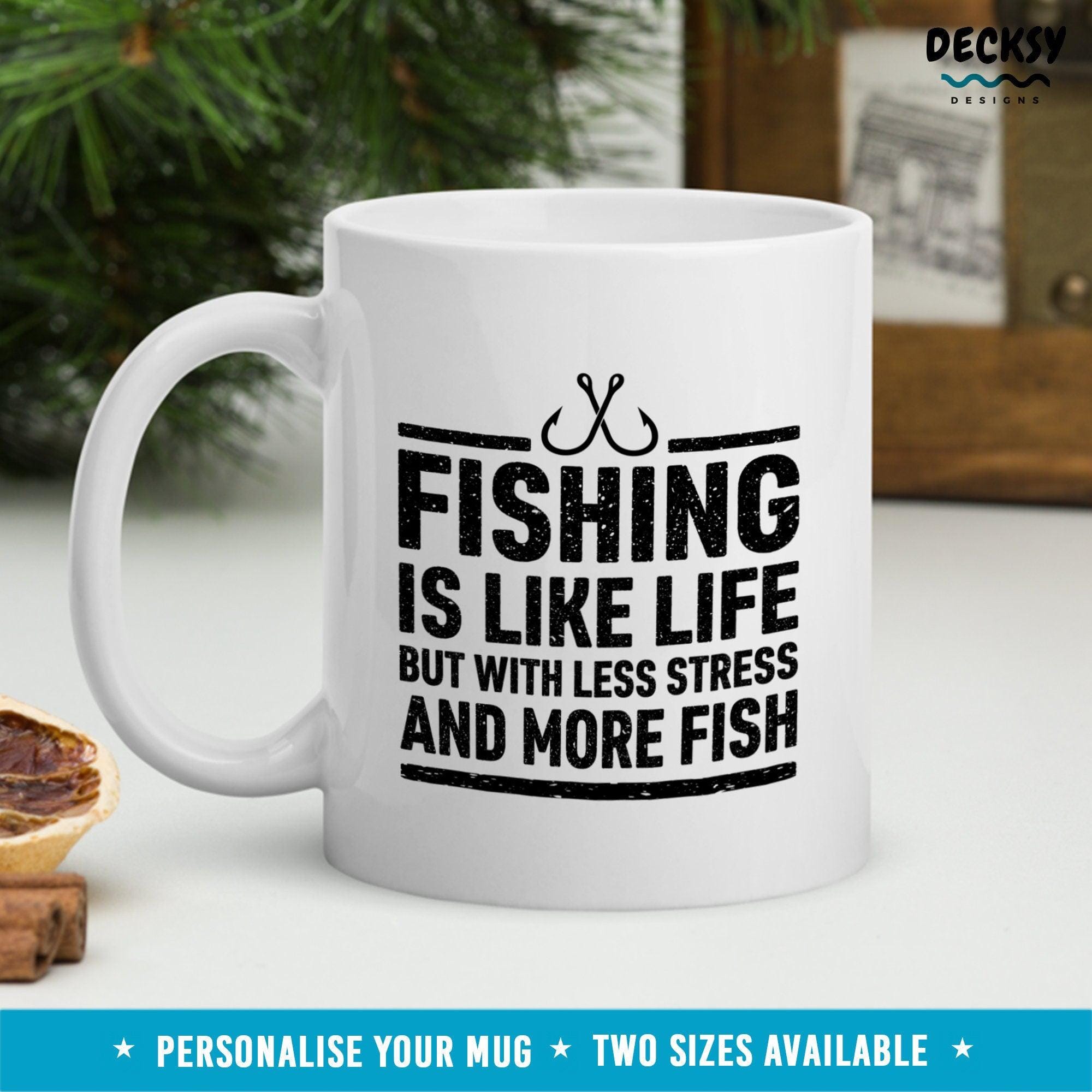 Fishing Coffee Mug, Fish Lover Gift-Home & Living:Kitchen & Dining:Drink & Barware:Drinkware:Mugs-DecksyDesigns-White Mug 11 oz-NO PERSONALISATION-DecksyDesigns