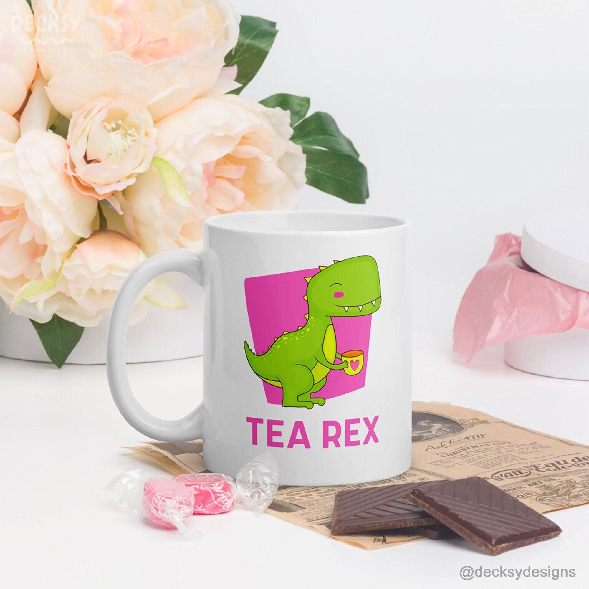 Tea Rex Mug, Funny Dinosaur Gift-Home & Living:Kitchen & Dining:Drink & Barware:Drinkware:Mugs-DecksyDesigns-11 Oz-Font #1-DecksyDesigns