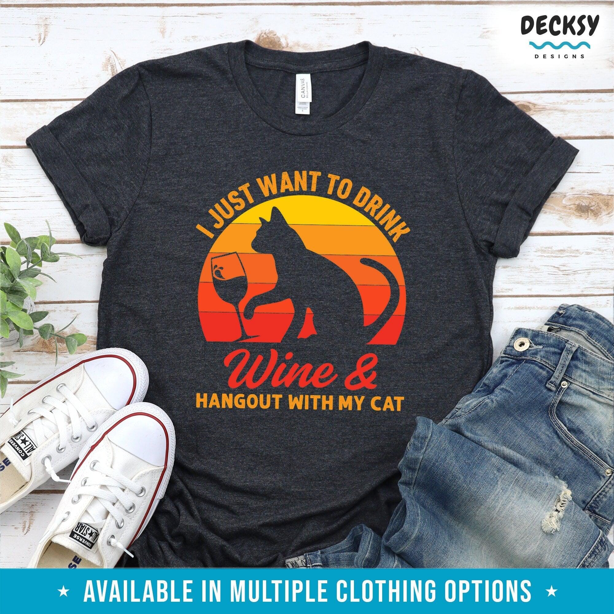 Cat And Wine T Shirt, Gift For Cat Lover-Clothing:Gender-Neutral Adult Clothing:Tops & Tees:T-shirts:Graphic Tees-DecksyDesigns