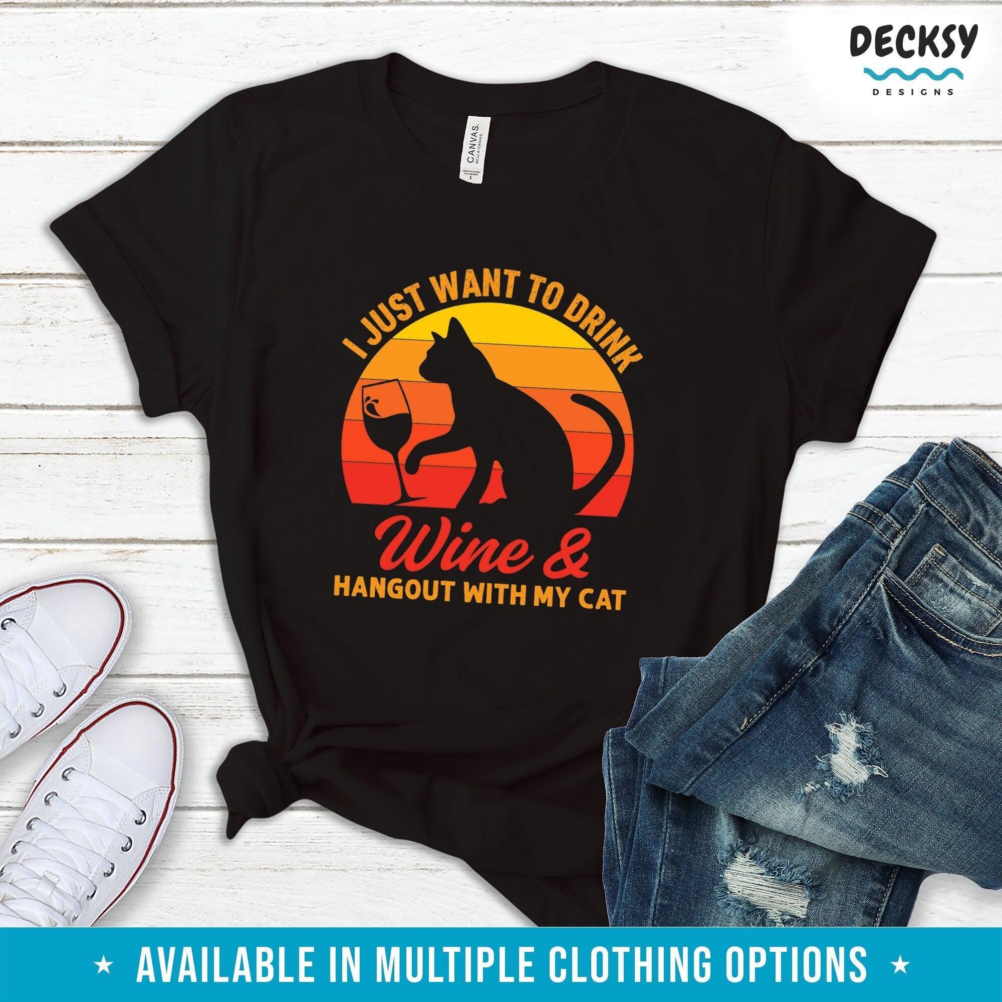 Cat And Wine T Shirt, Gift For Cat Lover-Clothing:Gender-Neutral Adult Clothing:Tops & Tees:T-shirts:Graphic Tees-DecksyDesigns