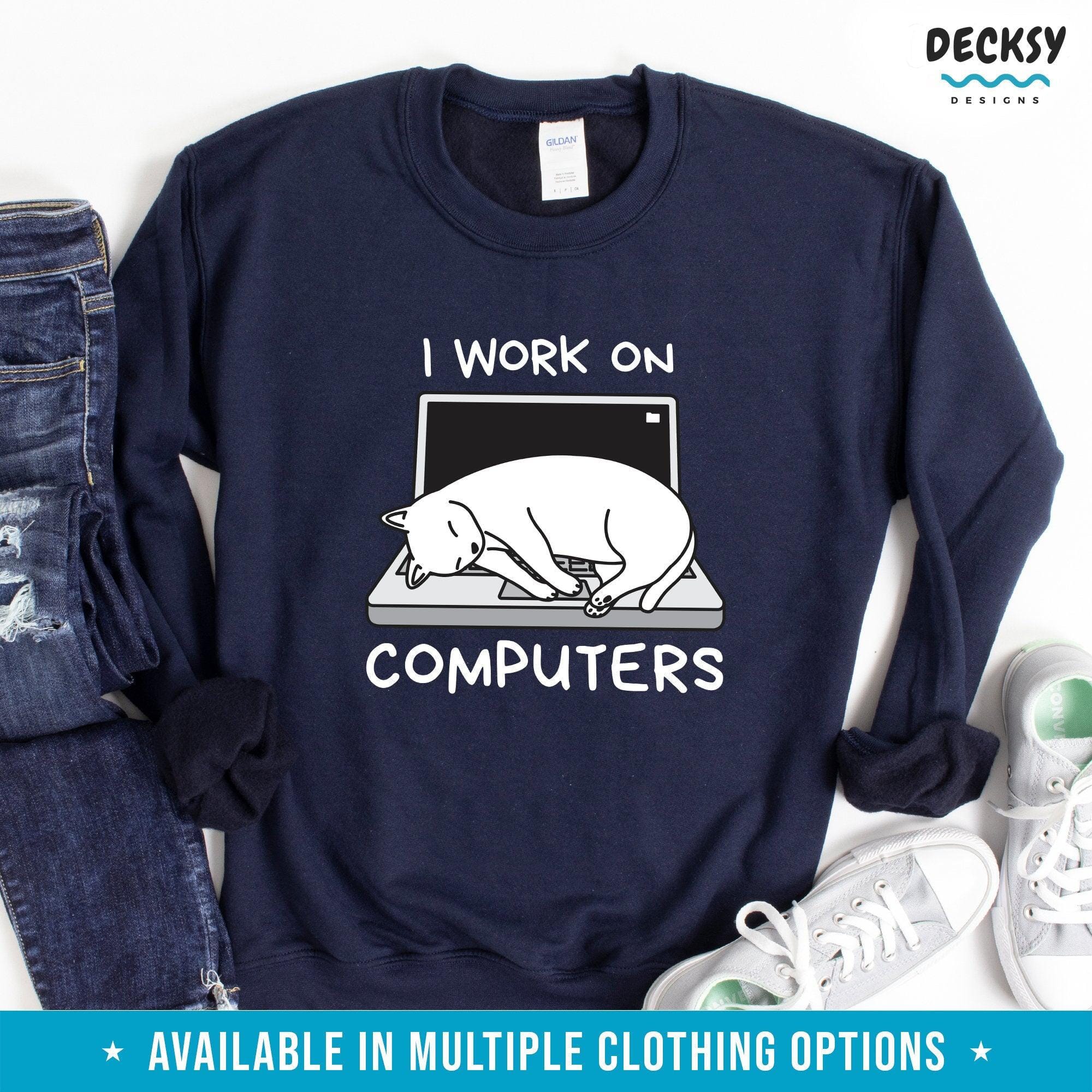 Funny Computer Cat T Shirt, Gift For Cat Lover-Clothing:Gender-Neutral Adult Clothing:Tops & Tees:T-shirts:Graphic Tees-DecksyDesigns
