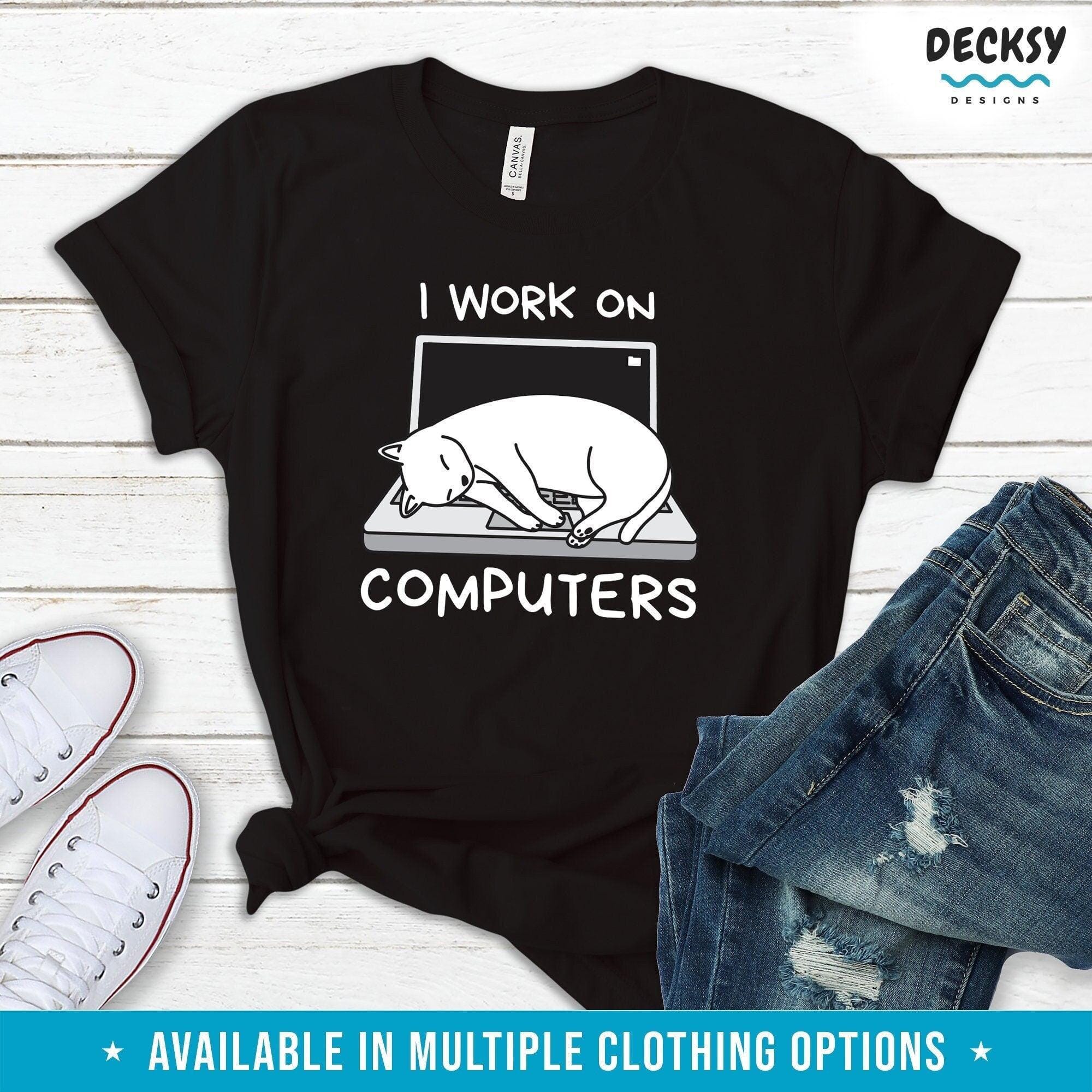 Funny Computer Cat T Shirt, Gift For Cat Lover-Clothing:Gender-Neutral Adult Clothing:Tops & Tees:T-shirts:Graphic Tees-DecksyDesigns