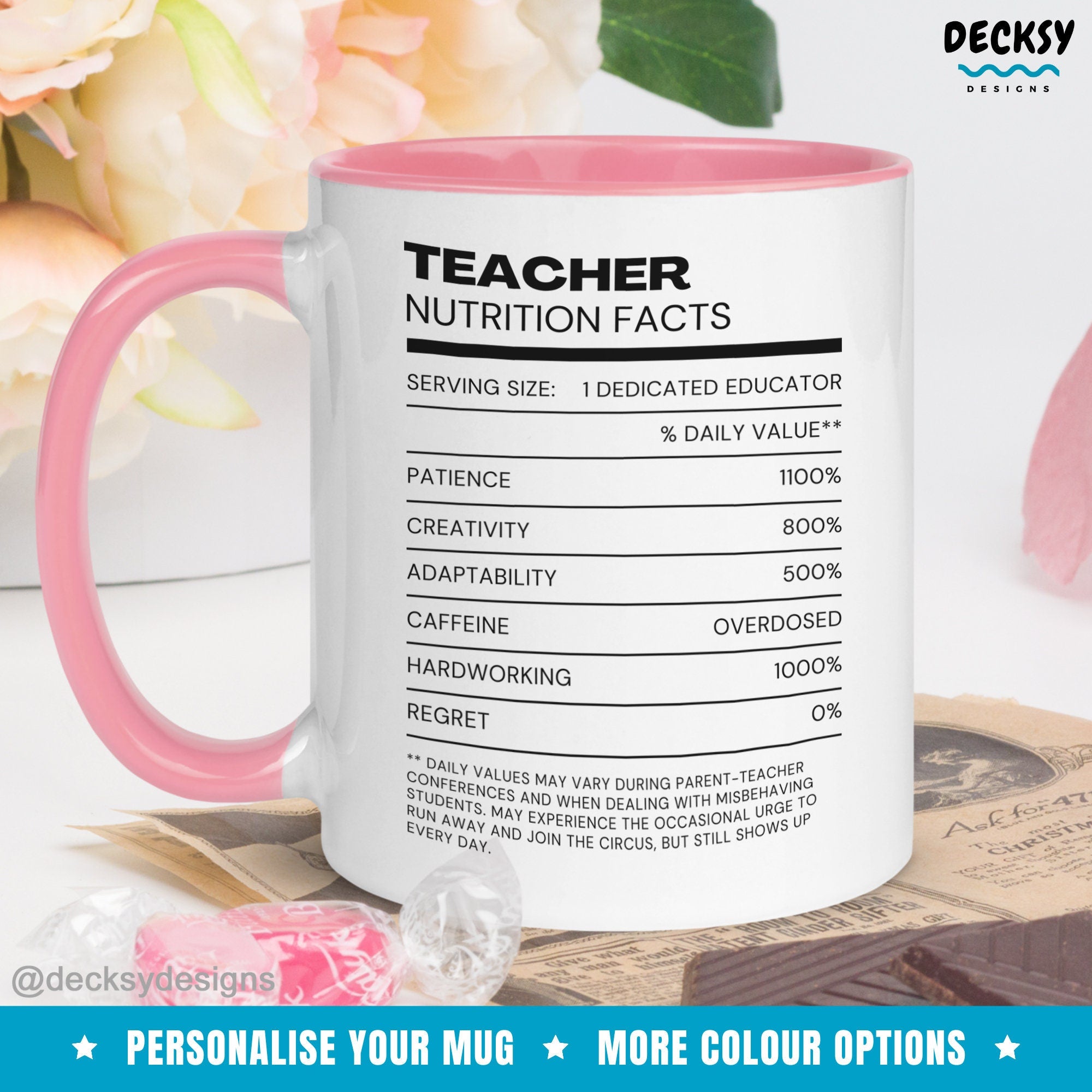 Teacher Nutrition Facts Coffee Mug, Personalised Gift For Teacher, School Teaching Assistant Gift, Daycare Educator Mug, Teacher Birthday Mugs by DecksyDesigns