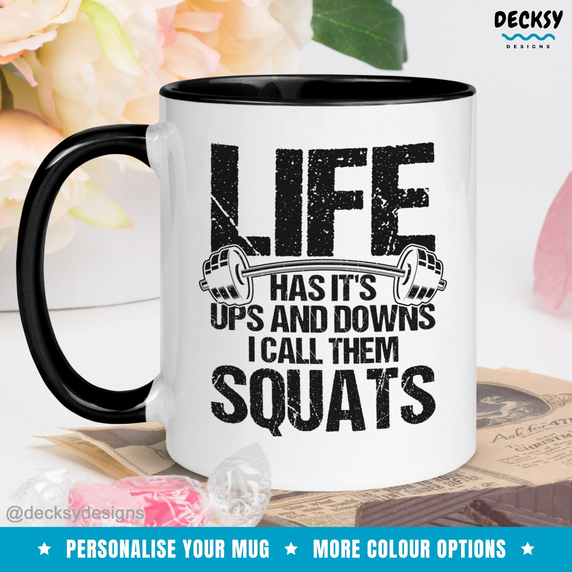 Personalised Gym Gift, Squats Mug, Funny Gym Quotes Gift, Personal Trainer Mug, Weightlifting Gift, Exercise Lover Mug, Custom Workout Mug Mugs by DecksyDesigns