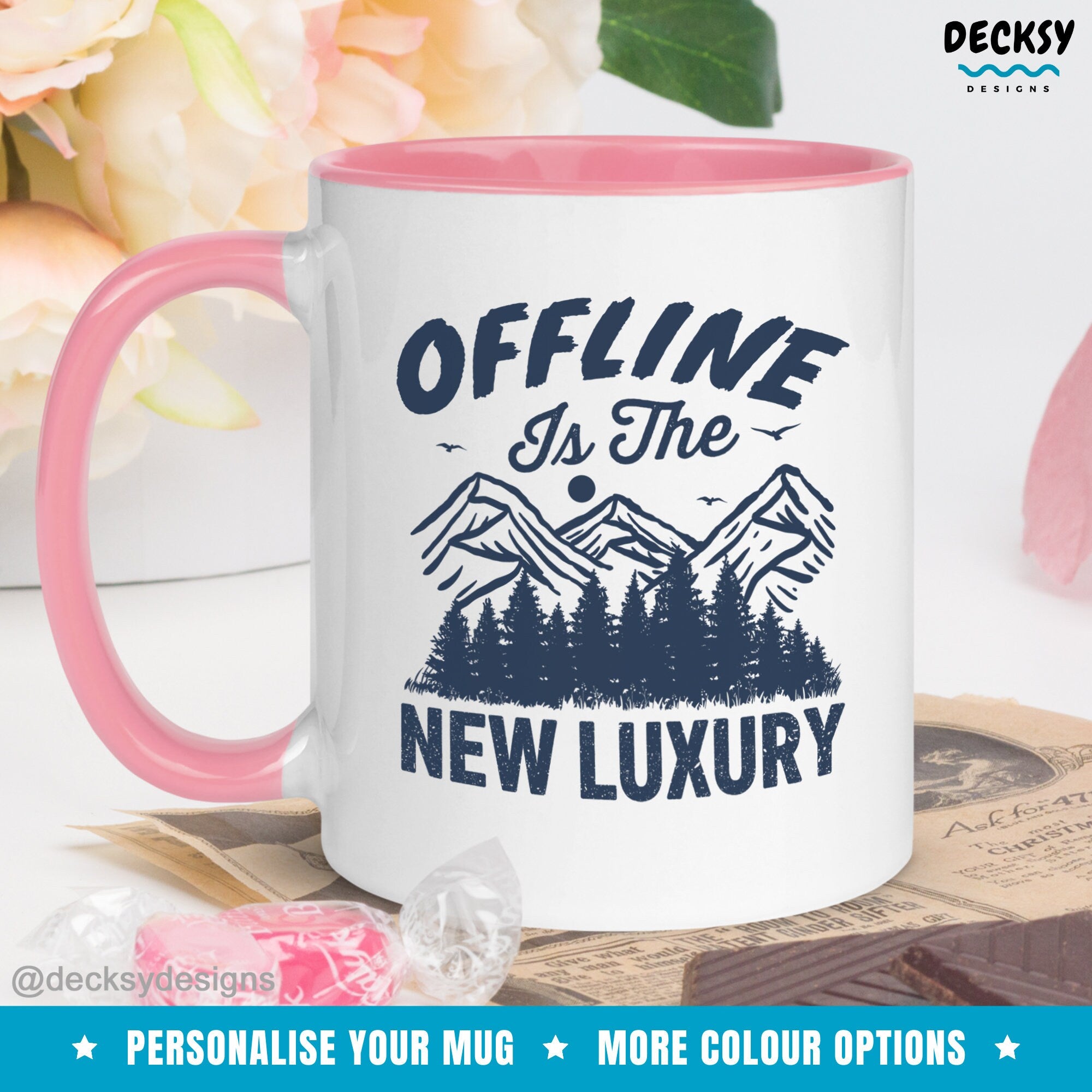 Offline Mug, Nature Lover Gift, Personalised Camping Hiking Mug, Work Life Balance, Custom Gift For Book Reader, Reading Gift For Introvert Mugs by DecksyDesigns