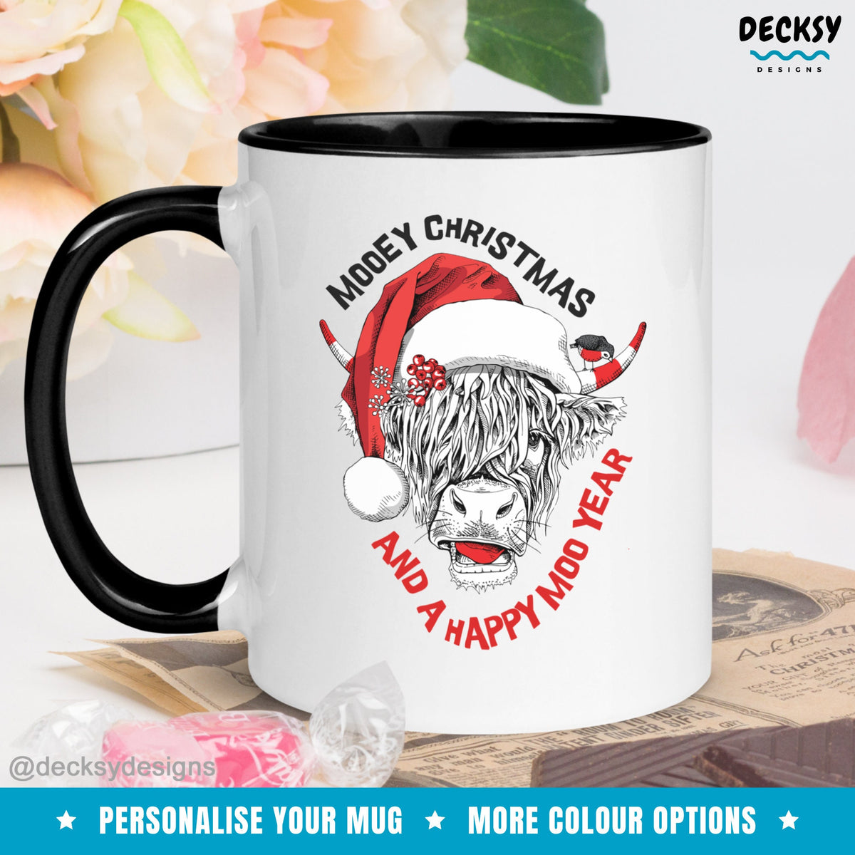 Christmas Cow Mug, Highland Cow Lover Gift, Mooey Christmas Holiday Cup, Cute Custom Santa Cow Mug, Scottish Cow Mug, Personalised Xmas Gift Mugs by DecksyDesigns