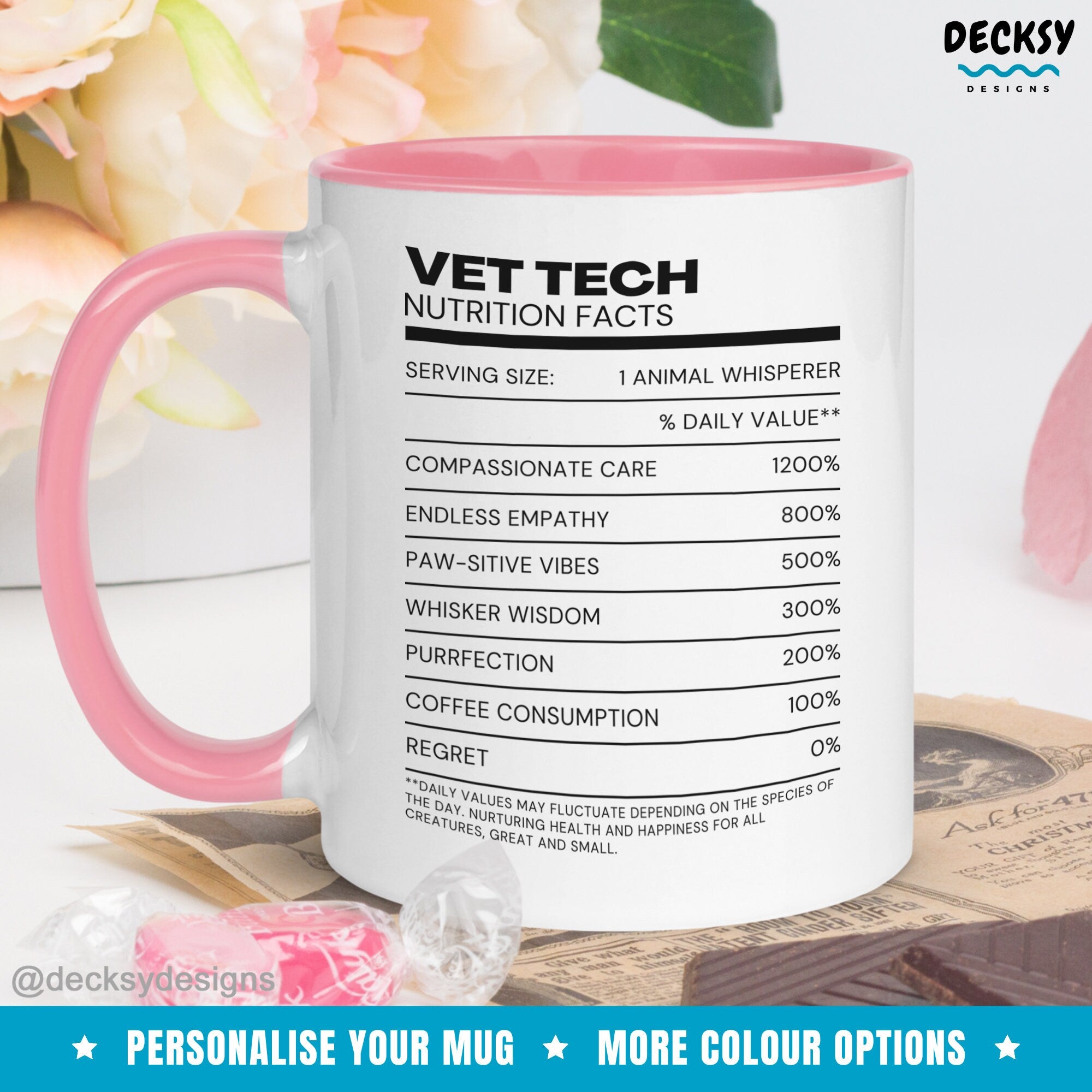 Veterinary Tech Nutrition Facts Mug, Custom Gift For Vet Tech, Coworker Gift From Supervisor, Vet Tech Cup, Gift For Trainee Animal Doctor Mugs by DecksyDesigns