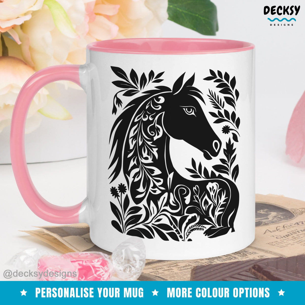 Horse Mug, Custom Animal Lover Gift, Farmhouse Owner Gift, Horse Gift For Her, Black Stallion Floral Horse Mug, Aesthetic Farm Animal Mugs Mugs by DecksyDesigns