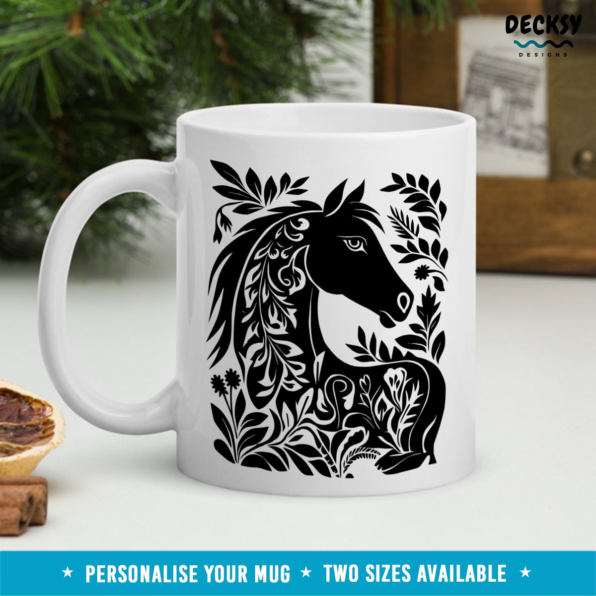 Horse Mug, Custom Animal Lover Gift, Farmhouse Owner Gift, Horse Gift For Her, Black Stallion Floral Horse Mug, Aesthetic Farm Animal Mugs Mugs by DecksyDesigns
