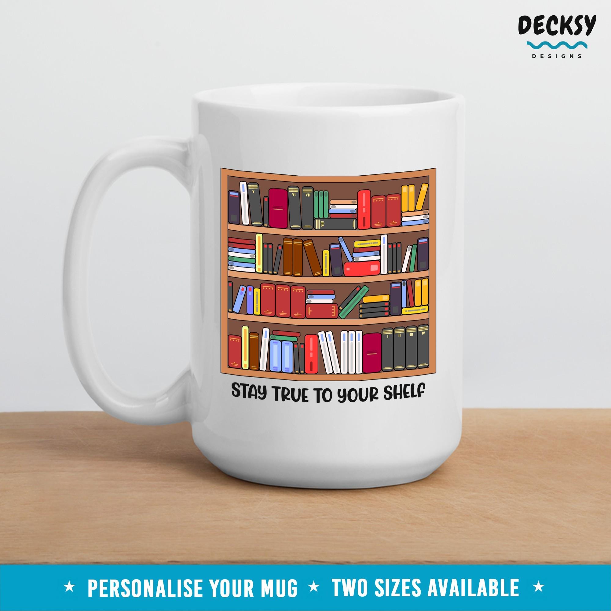 Bookshelf Coffee Mug, Personalised Bookworm Gift For Reader, Librarian Coffee Cup, Reading Teacher Christmas Gift, Bookish Custom Mug Mugs by DecksyDesigns