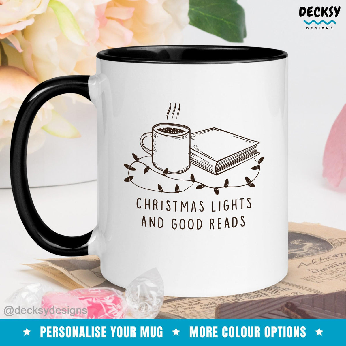 Book Lover Personalised Christmas Mug, Reading Gift For Bookworm, School Librarian Gift, Book Lover Teacher Christmas Coffee Cup Mugs by DecksyDesigns