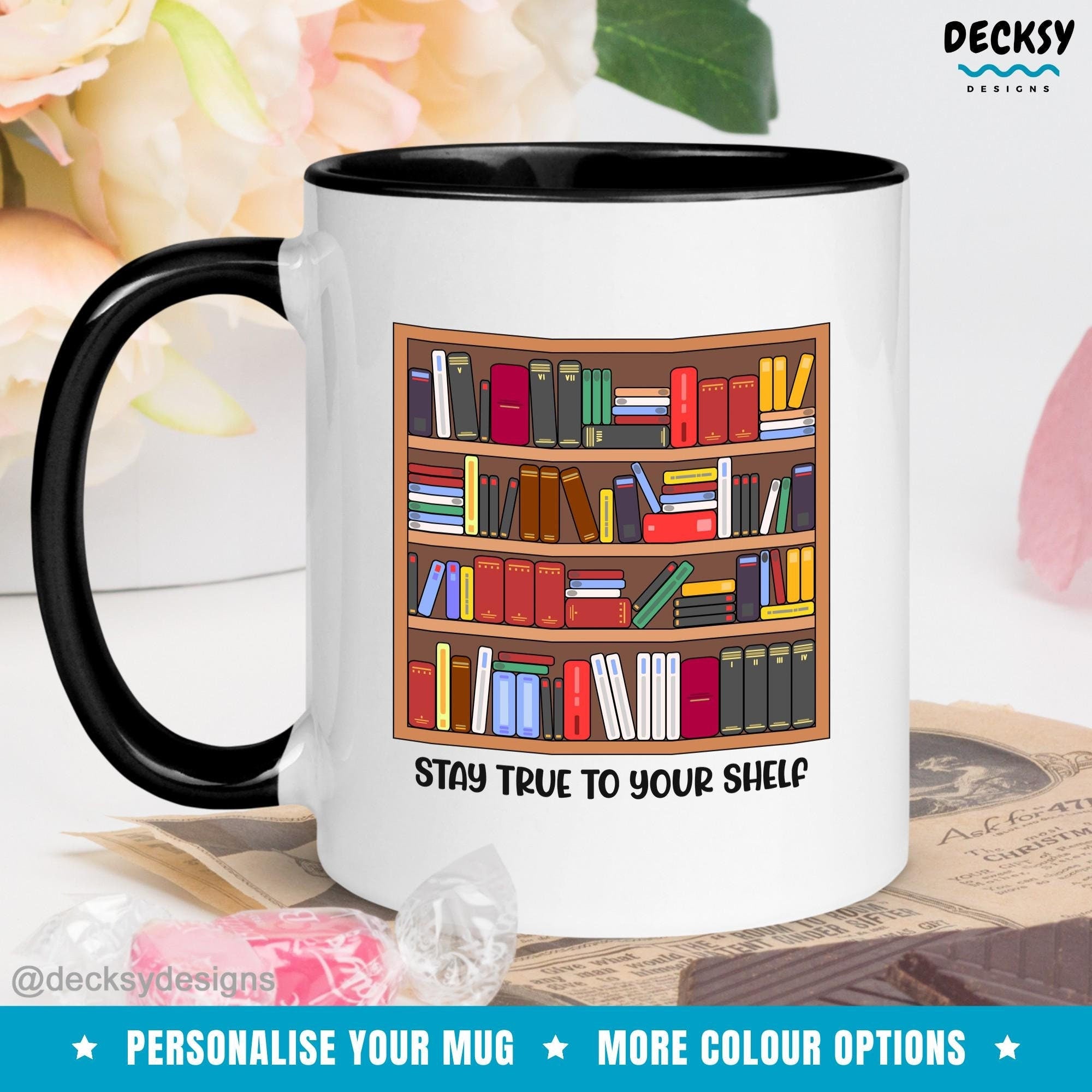 Bookshelf Coffee Mug, Personalised Bookworm Gift For Reader, Librarian Coffee Cup, Reading Teacher Christmas Gift, Bookish Custom Mug Mugs by DecksyDesigns