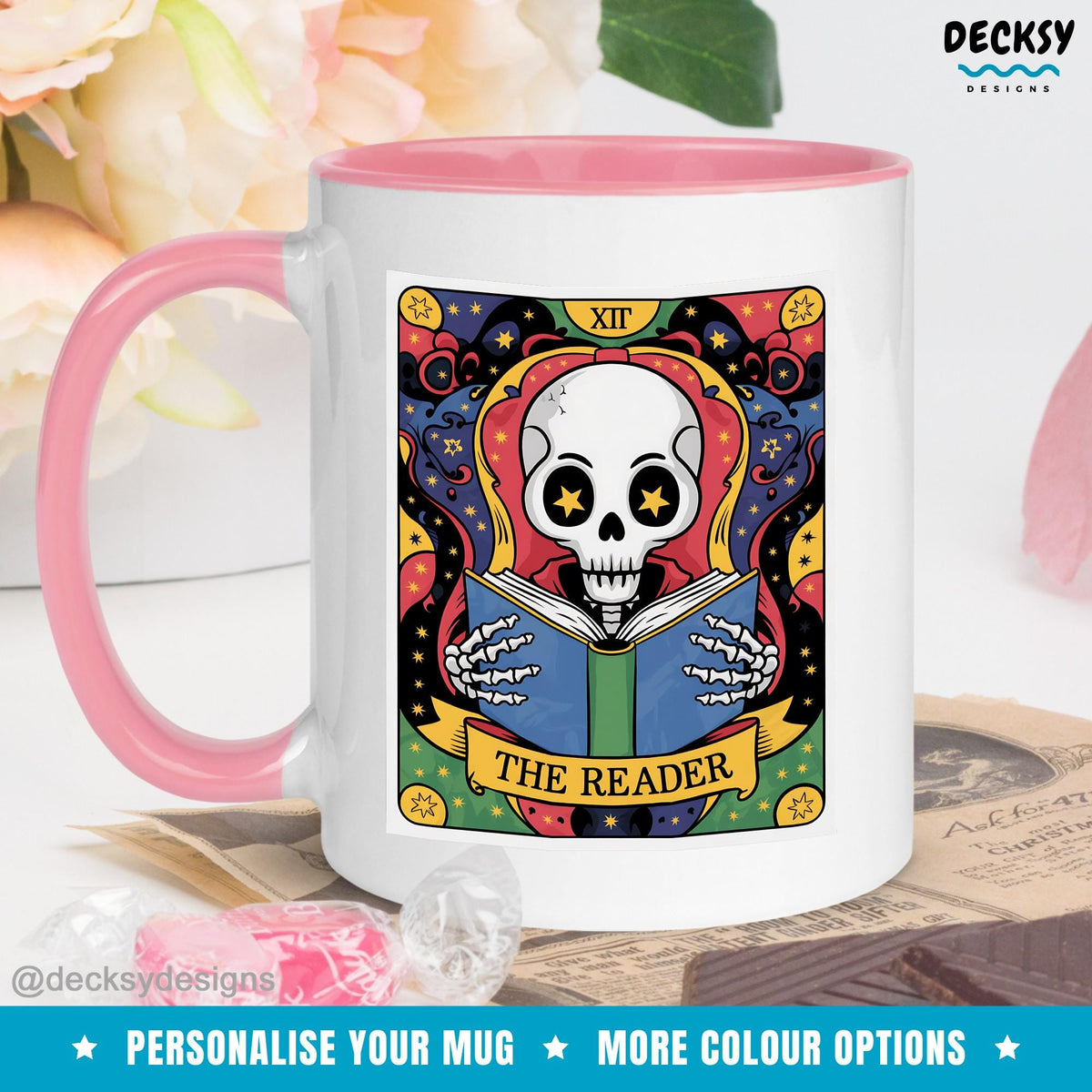 Skeleton Reading Mug, Bookish Gift For Her, Reading Skull Mug, Gift For Book Lover, Book Club Gifts, Bookworm Mug, The Reader Tarot Cup Mugs by DecksyDesigns