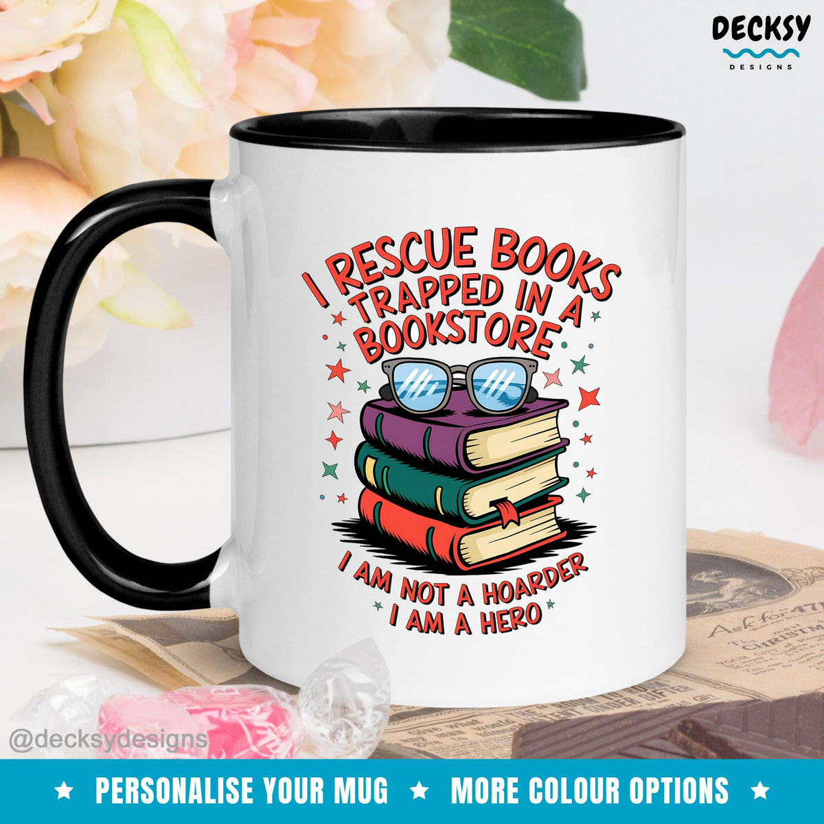 Book Lover Mug: Funny Bookworm Gift, Book Rescue Hero Mugs by DecksyDesigns
