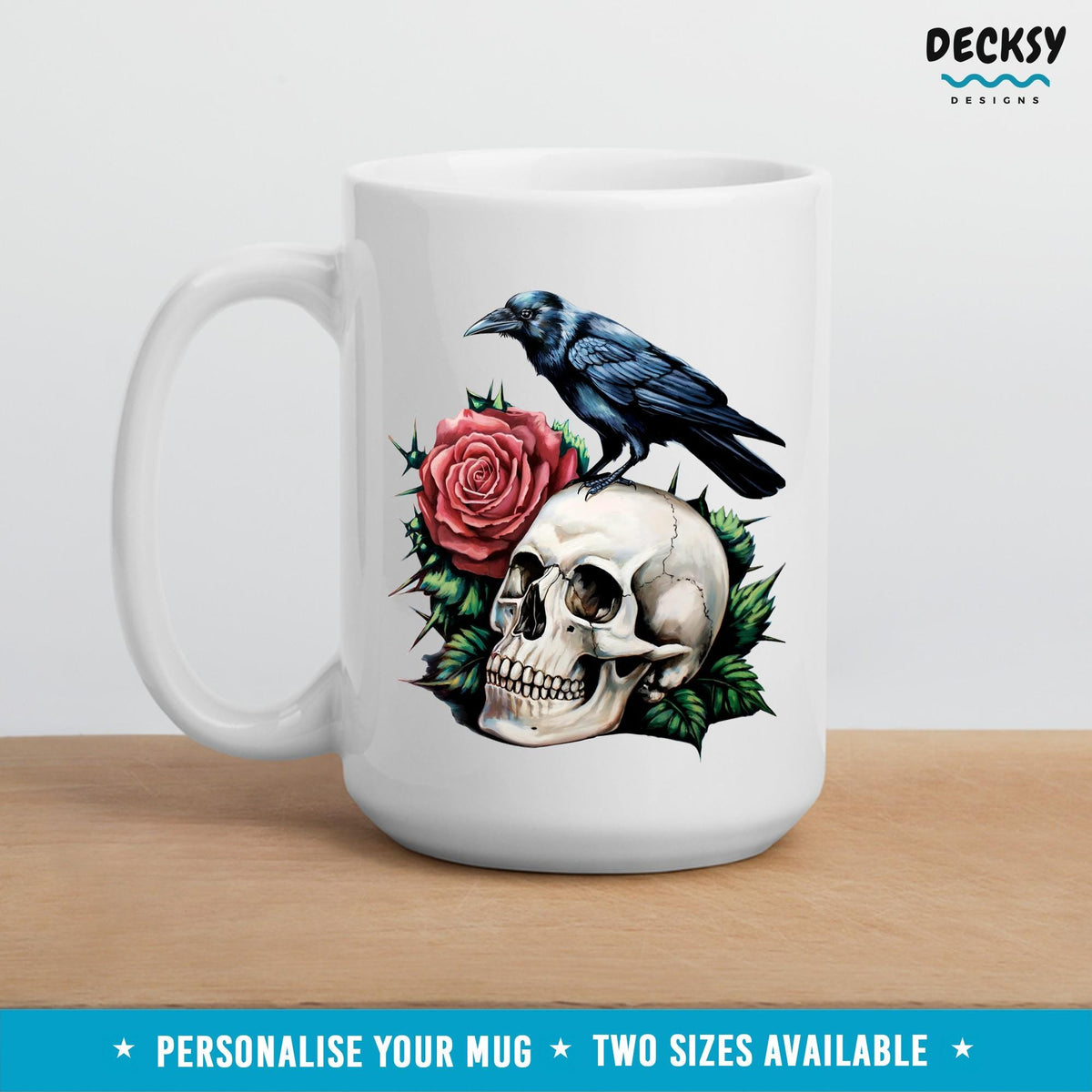Black Crow Mug, Whimsigoth Gift, Floral Skull Mug, Custom Goth Mug, Crowcore Roses Mug, Personalized Gothic Mug, Raven Crow Bird Lover Gift Mugs by DecksyDesigns