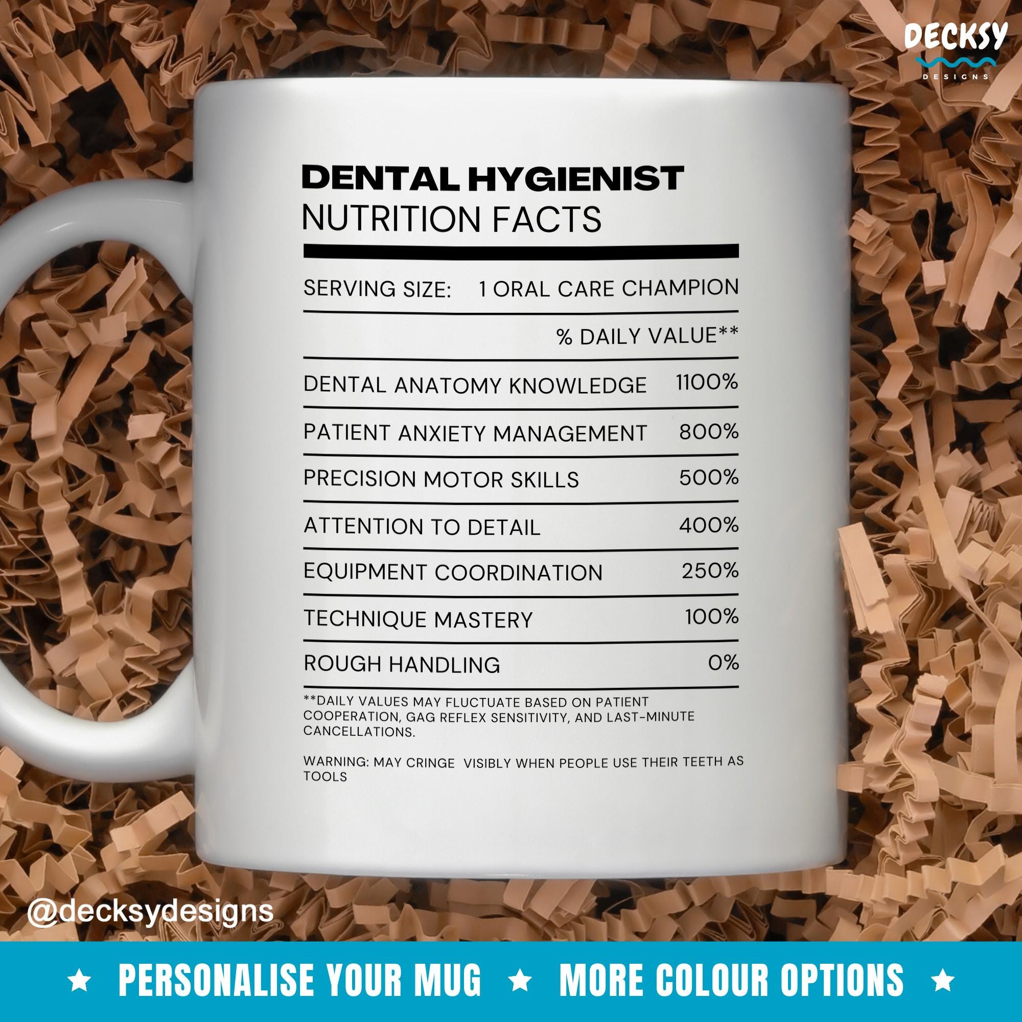 Dental Hygienist Mug, Custom Dentist Graduation Nutrition Facts Gift, Dental Assistant Cup, Dental Hygiene Gifts, Orthodontist Office Cup Mugs by DecksyDesigns