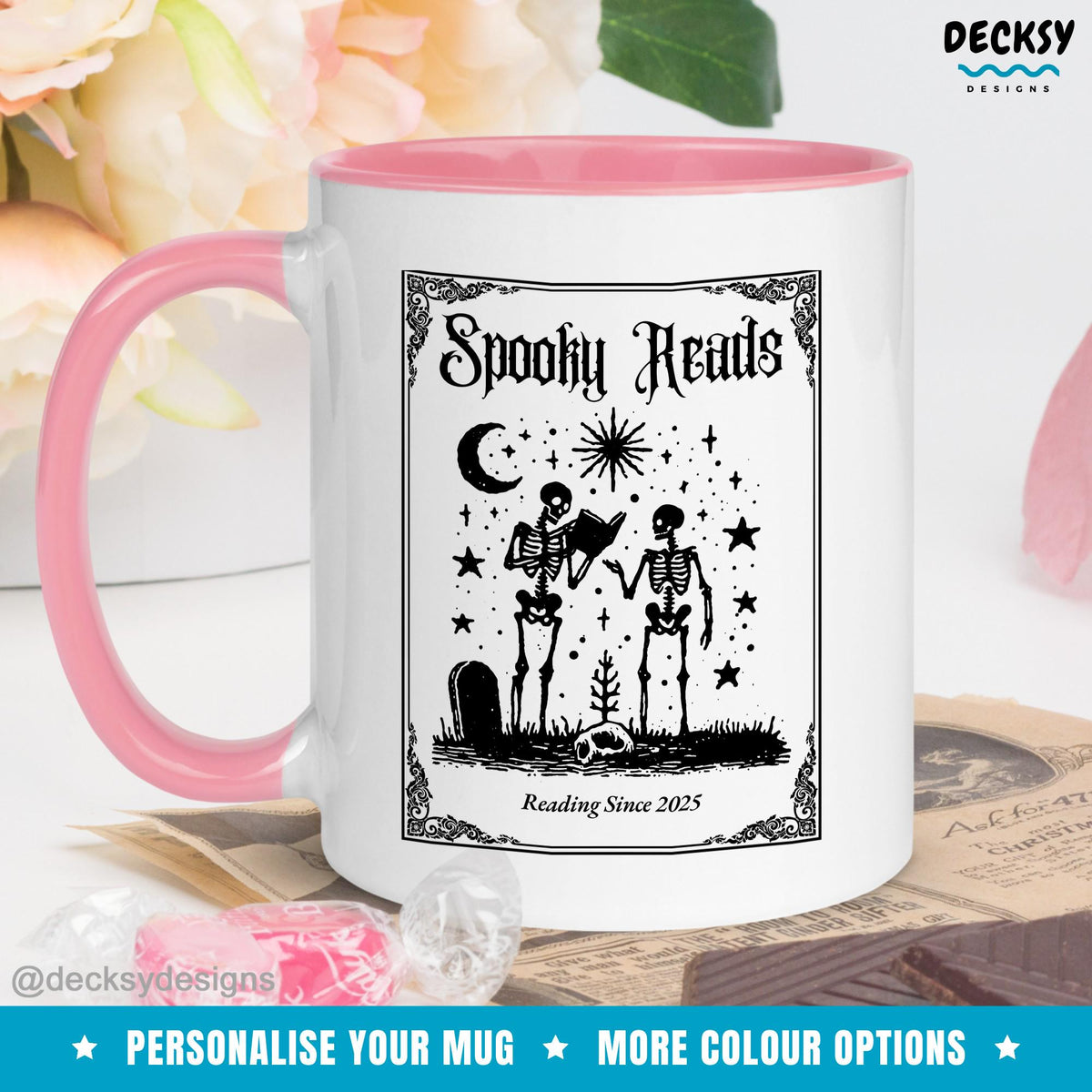Spooky Reads Ghost Library Coffee Mug - Custom Book Lover Gift Mugs by DecksyDesigns