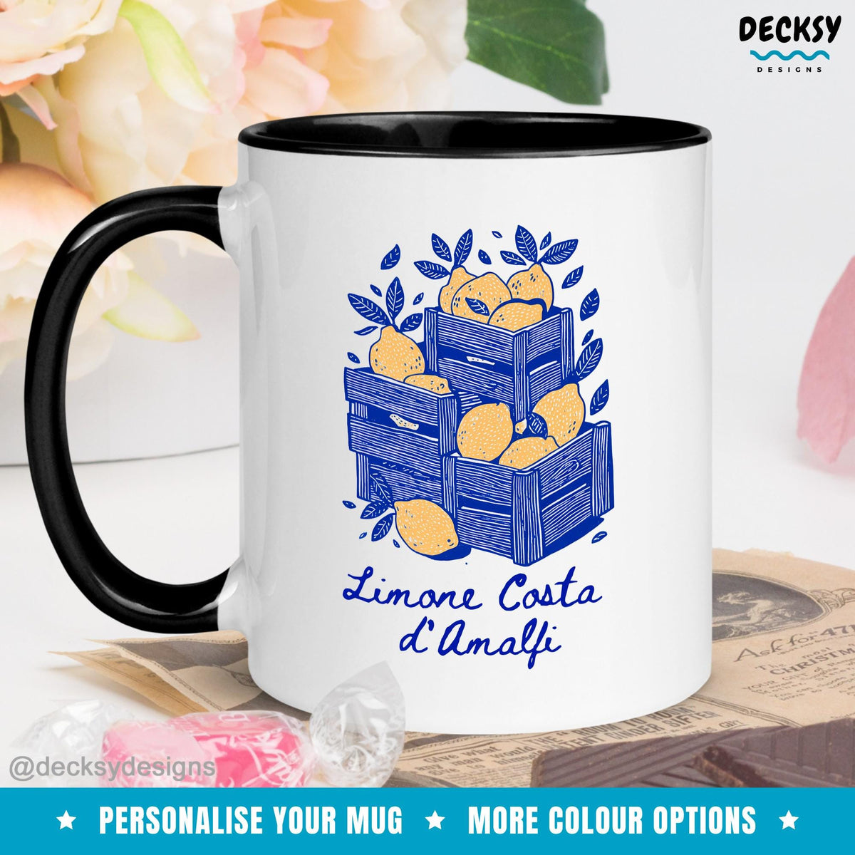 Personalized Amalfi Lemon Mug: Italian Positano Decor, Custom Tea Gift Mugs by DecksyDesigns