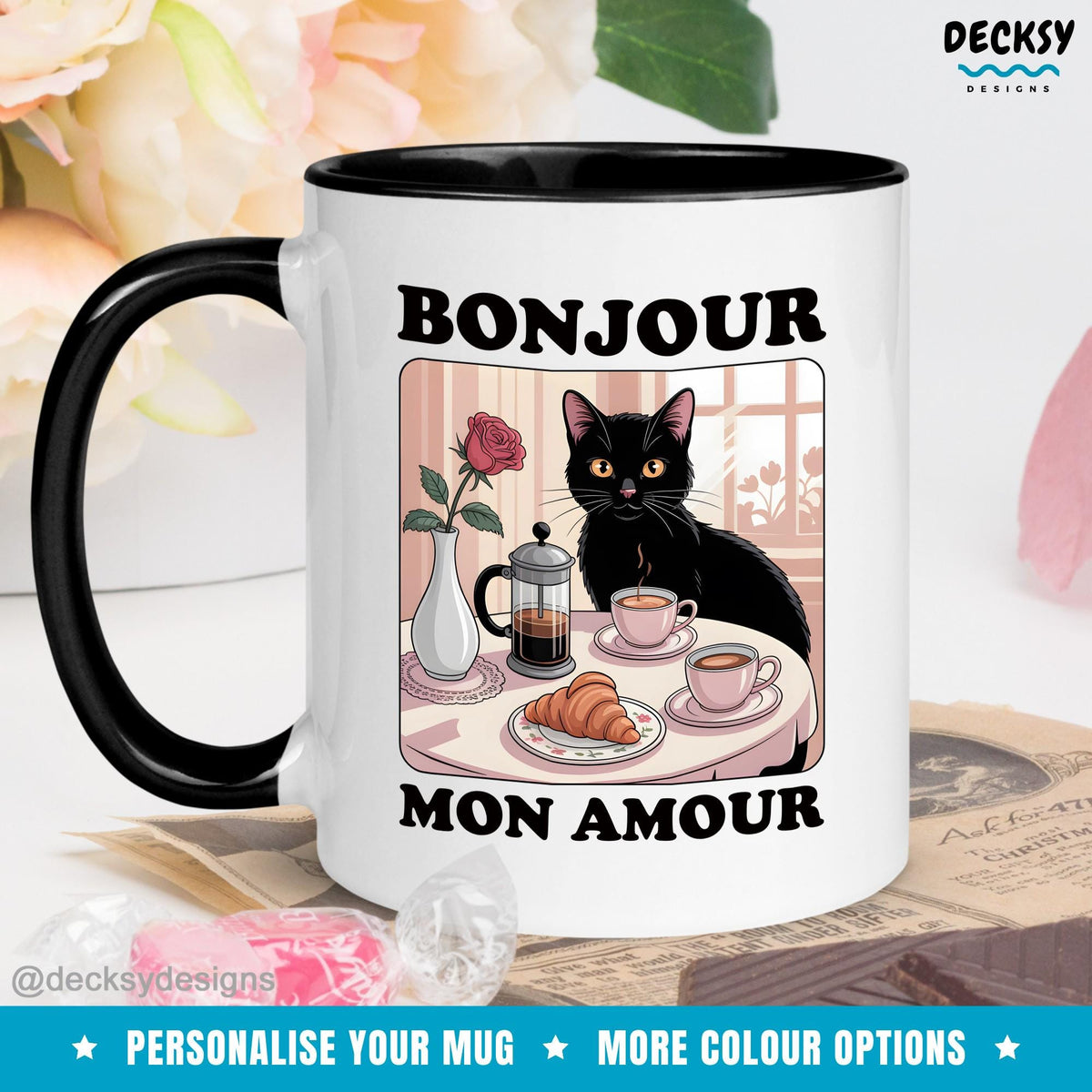 French Quote Mug, Gift France Lovers, Croissant Cafe Black Cat Mug, Custom Name Mug, Personalised Mug, Romantic Paris Mug, Bonjour Mon Amour Mugs by DecksyDesigns