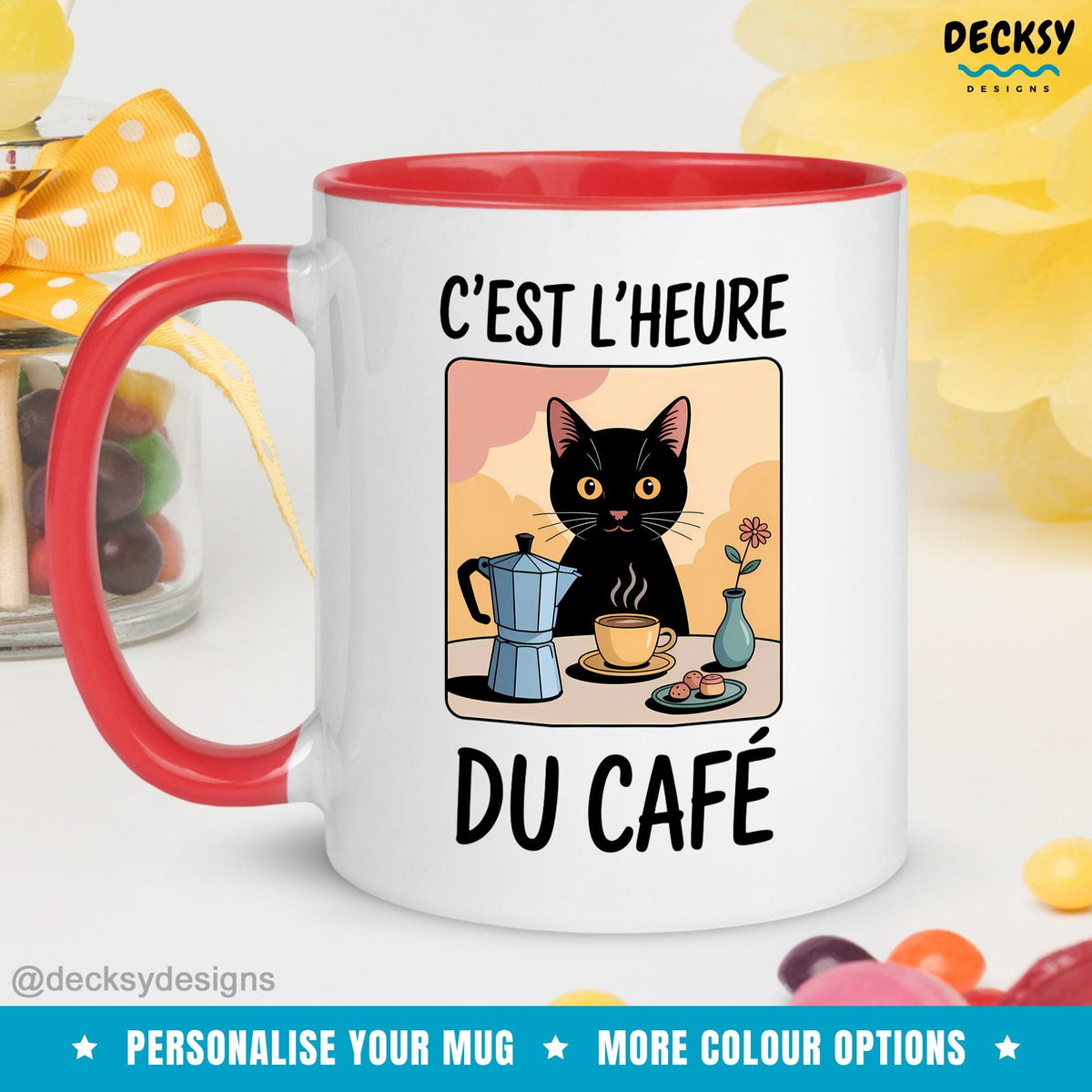 Gift For Cat & Coffee Lovers, Black Cat Owner Gift, French Teacher Gift Parisian Cats Mug Croissant Cafe Mug, Custom Funny Cat Gifts For Her Mugs by DecksyDesigns