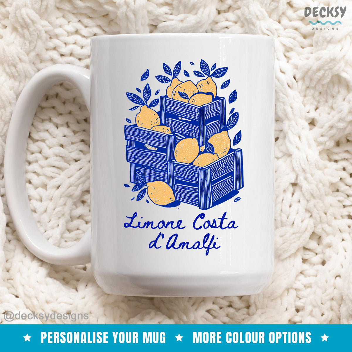 Personalized Amalfi Lemon Mug: Italian Positano Decor, Custom Tea Gift Mugs by DecksyDesigns