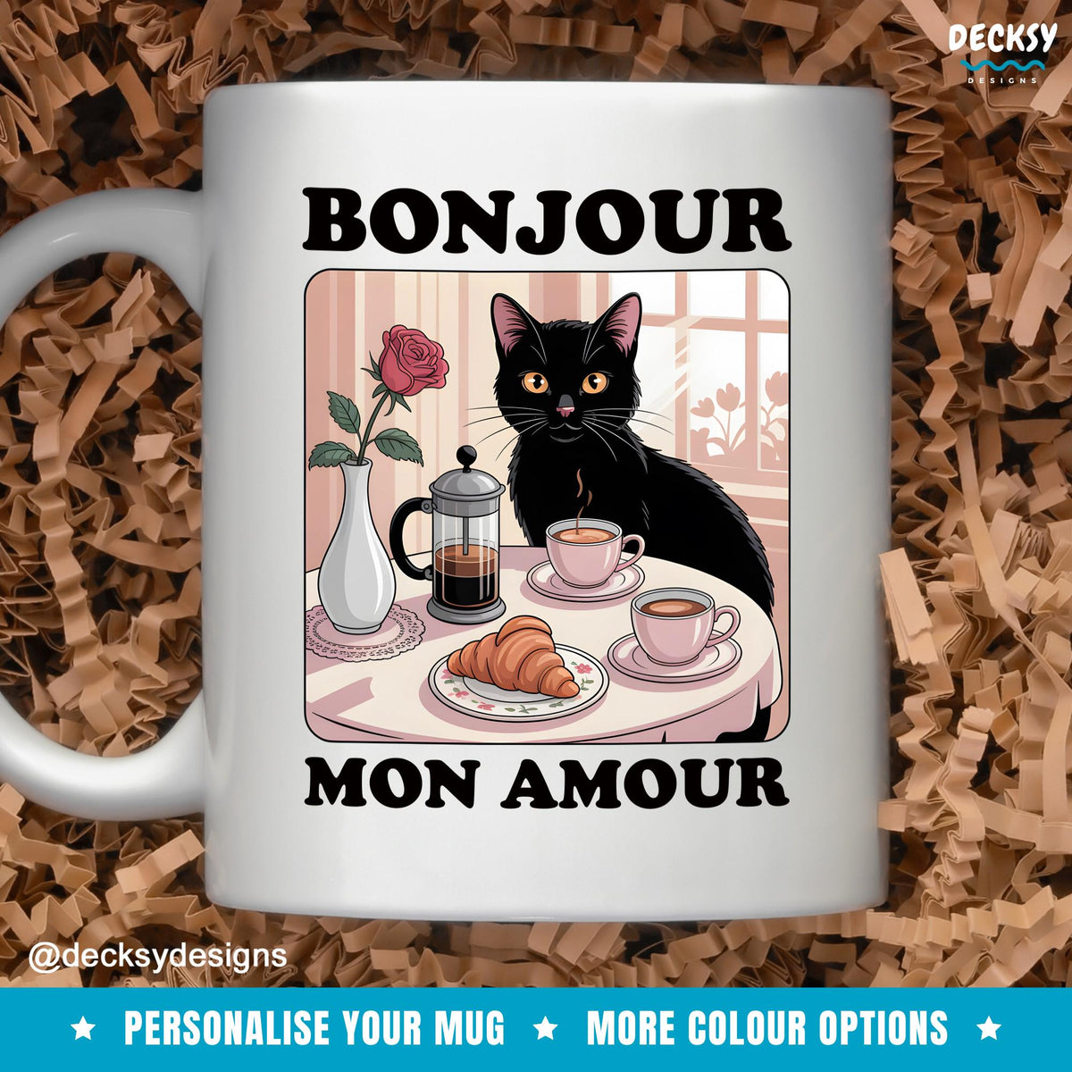 French Quote Mug, Gift France Lovers, Croissant Cafe Black Cat Mug, Custom Name Mug, Personalised Mug, Romantic Paris Mug, Bonjour Mon Amour Mugs by DecksyDesigns