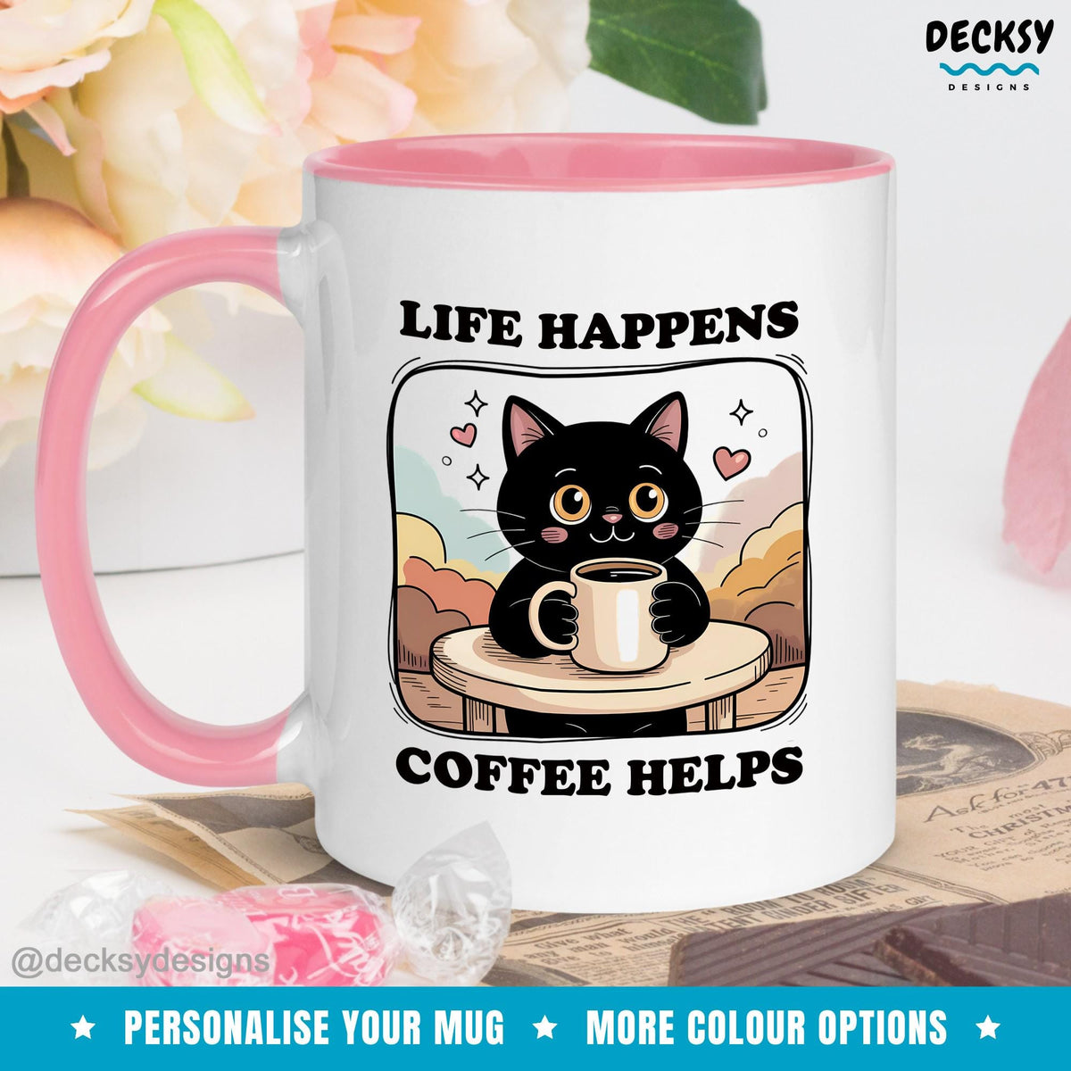 Life Happens Coffee Helps Mug, Custom Cat Mug Mugs by DecksyDesigns